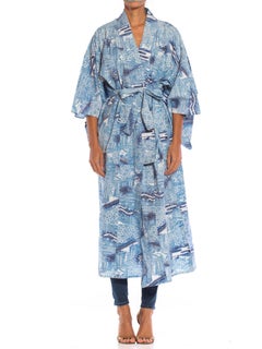 1950S Blue & White Japanese Cotton Lightweight Unlined Kimono