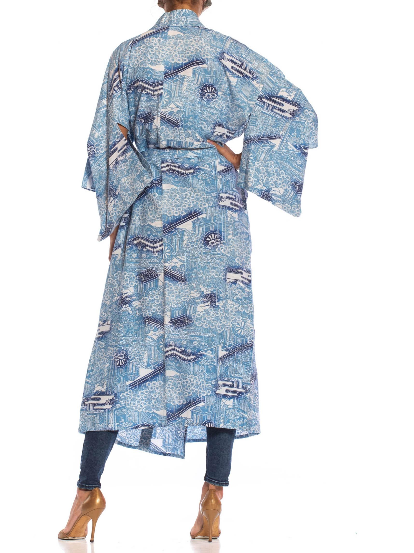 1950S Blue & White Japanese Cotton Lightweight Unlined Kimono For Sale 2
