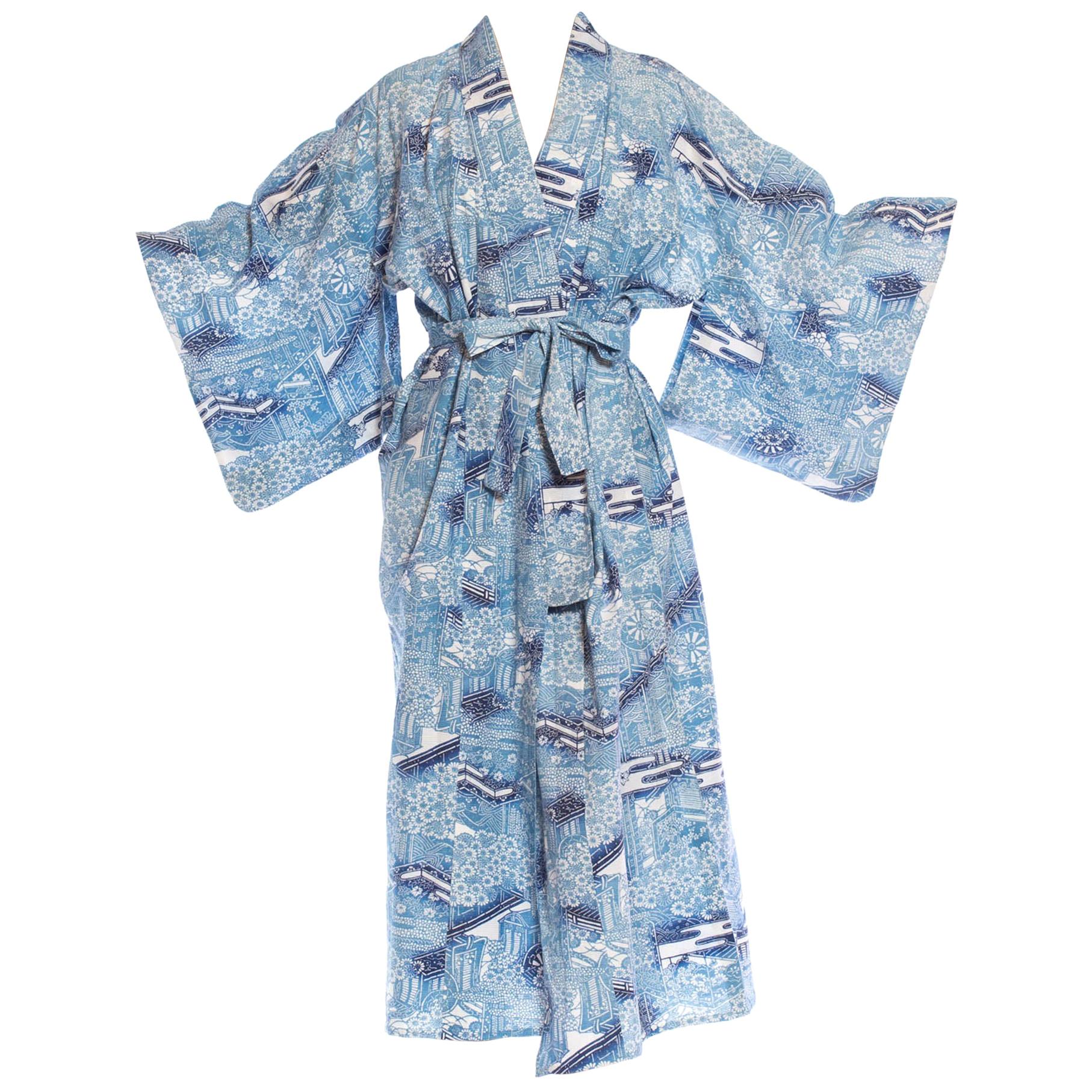 1950S Blue & White Japanese Cotton Lightweight Unlined Kimono For Sale