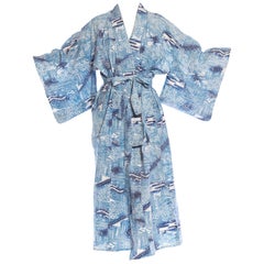 Leichter, ungefütterter Kimono aus japanischer Baumwolle in Blau & Weiß aus den 1950er Jahren