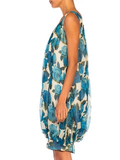 1950S Vestido de gasa de seda azul y blanca con estampado de rosas estilo Balenciaga