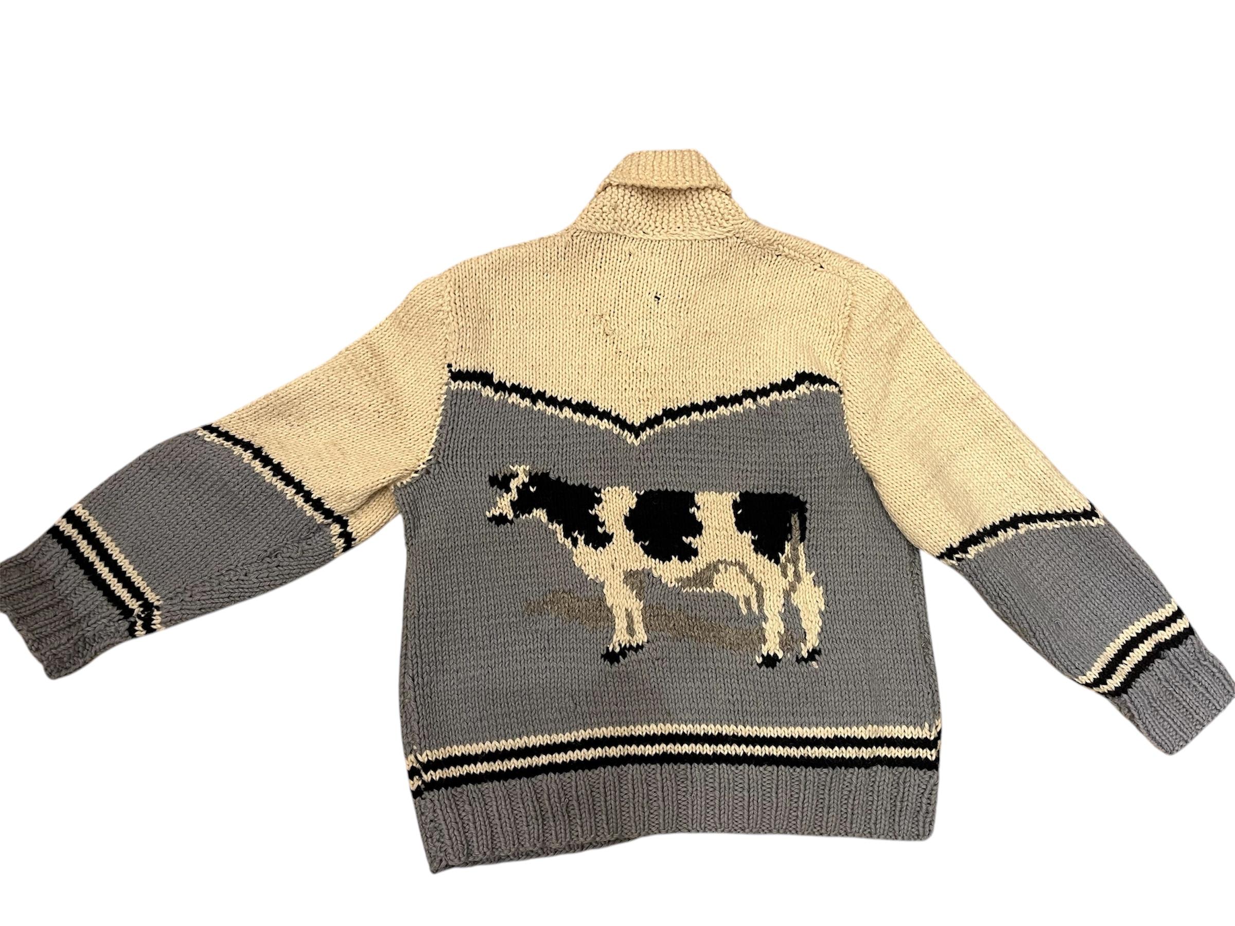 Gray 1950s Blue & White  Wool Knit Cow Sweater As-Is For Sale