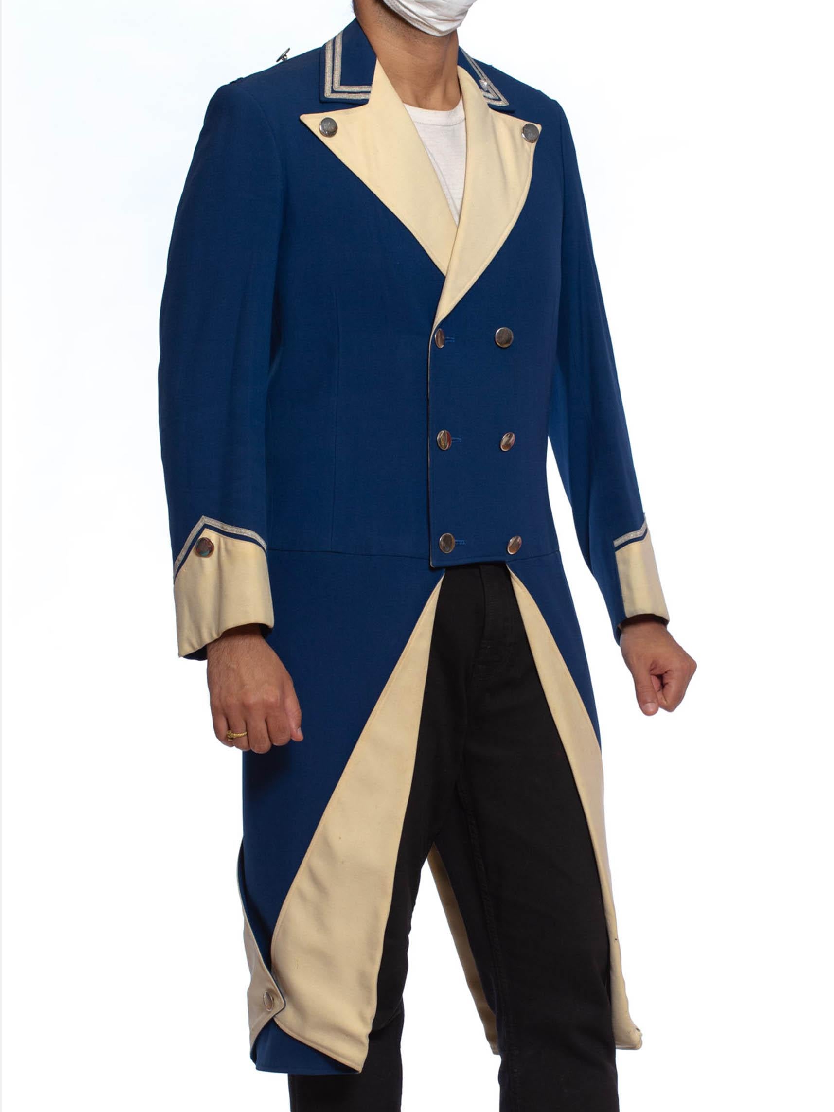 A few small holes and minor stains 1950S Blue & White Wool Men's 18Th Century Style Rfevolutionary Jacket With Tails 