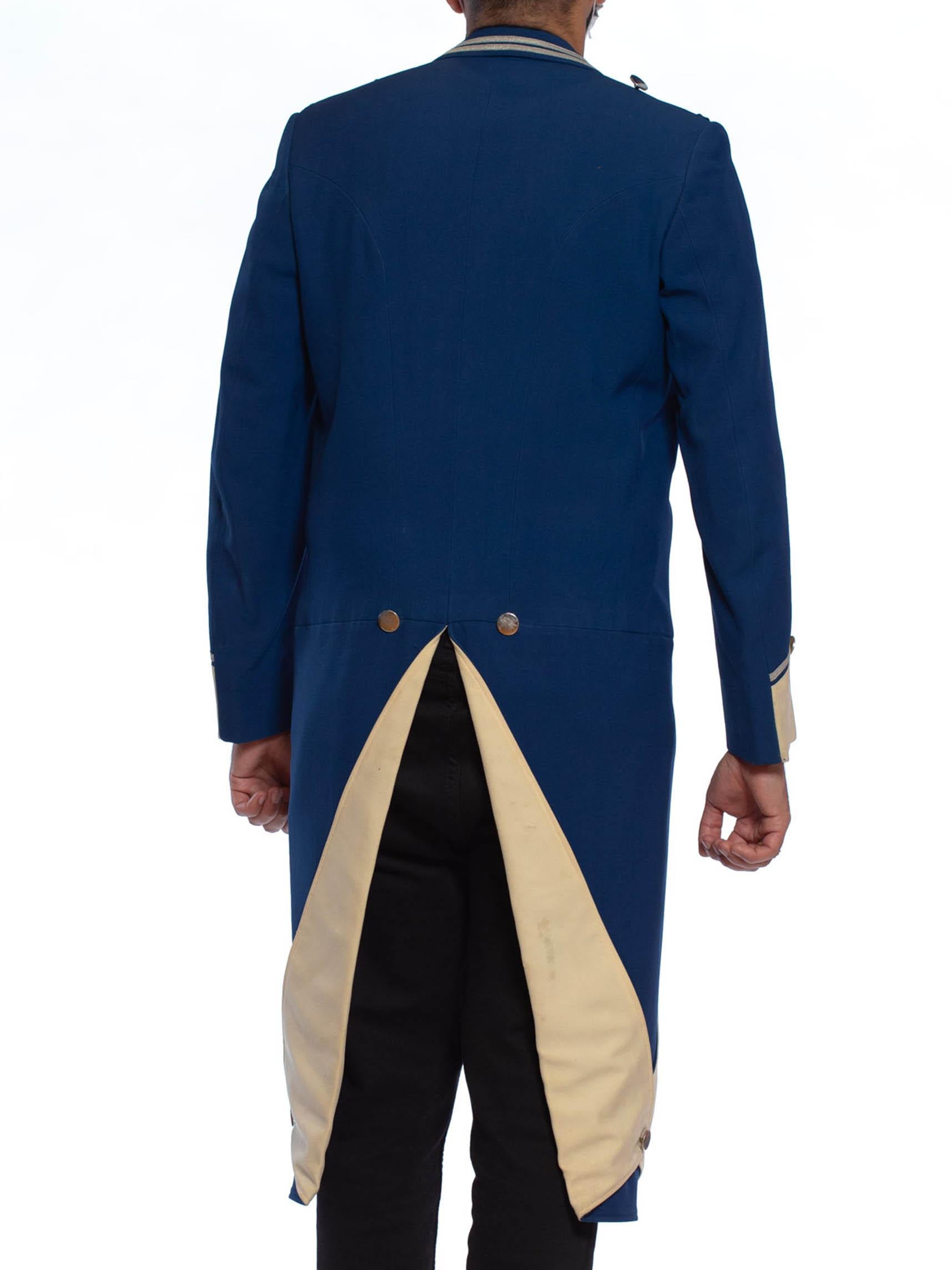 Black 1950S Blue & White Wool Men's 18Th Century Style Rfevolutionary Jacket With Tai For Sale