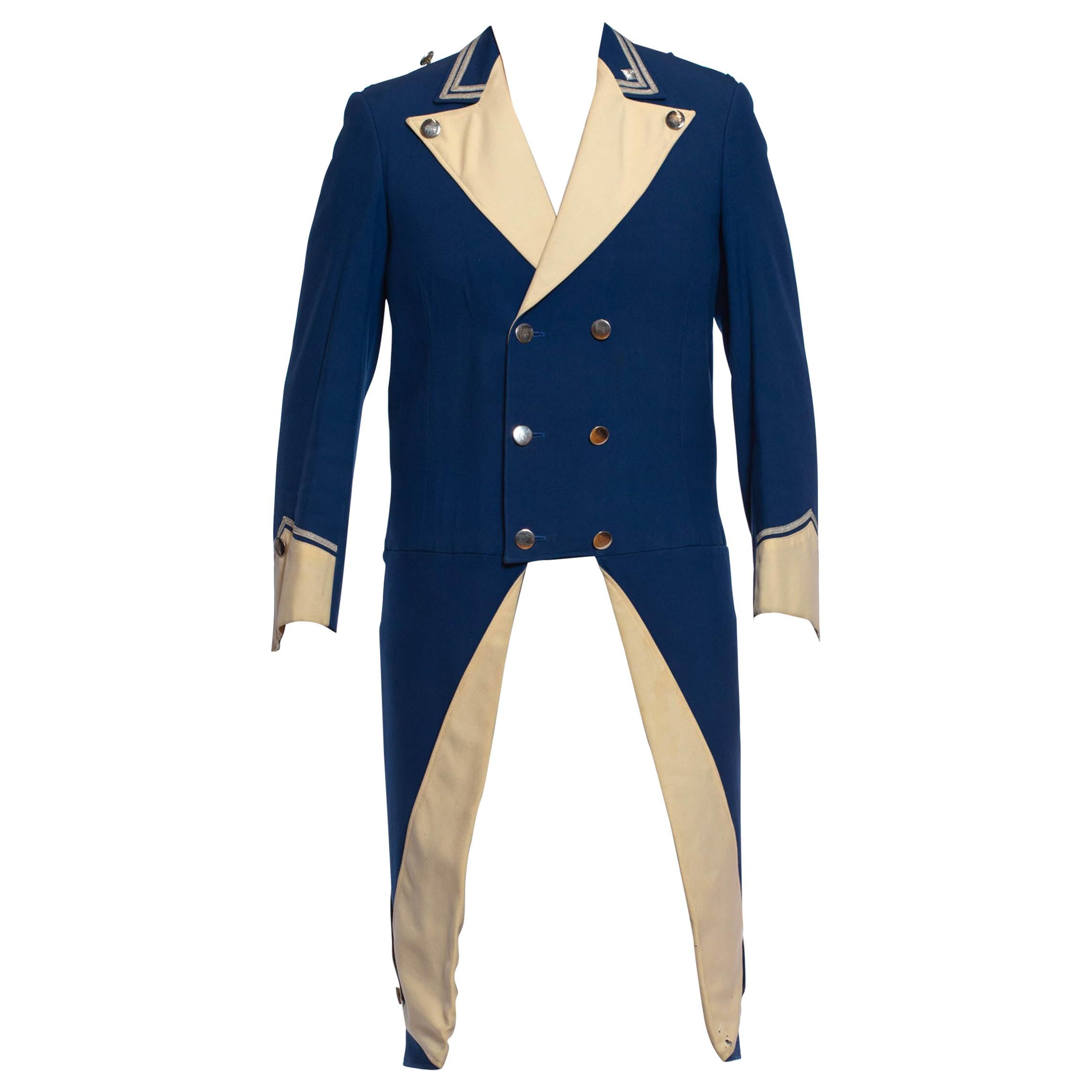 1950S Blue & White Wool Men's 18Th Century Style Rfevolutionary Jacket With Tai