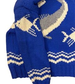 1950s Blue Wool Blend Knit Whale Zipper Front Sweater