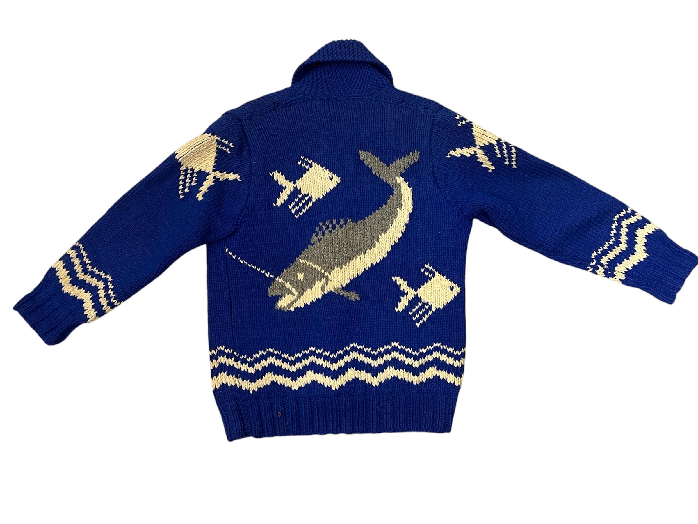 1950s Blue Wool Blend Knit Whale Zipper Front Sweater In Good Condition For Sale In New York, NY