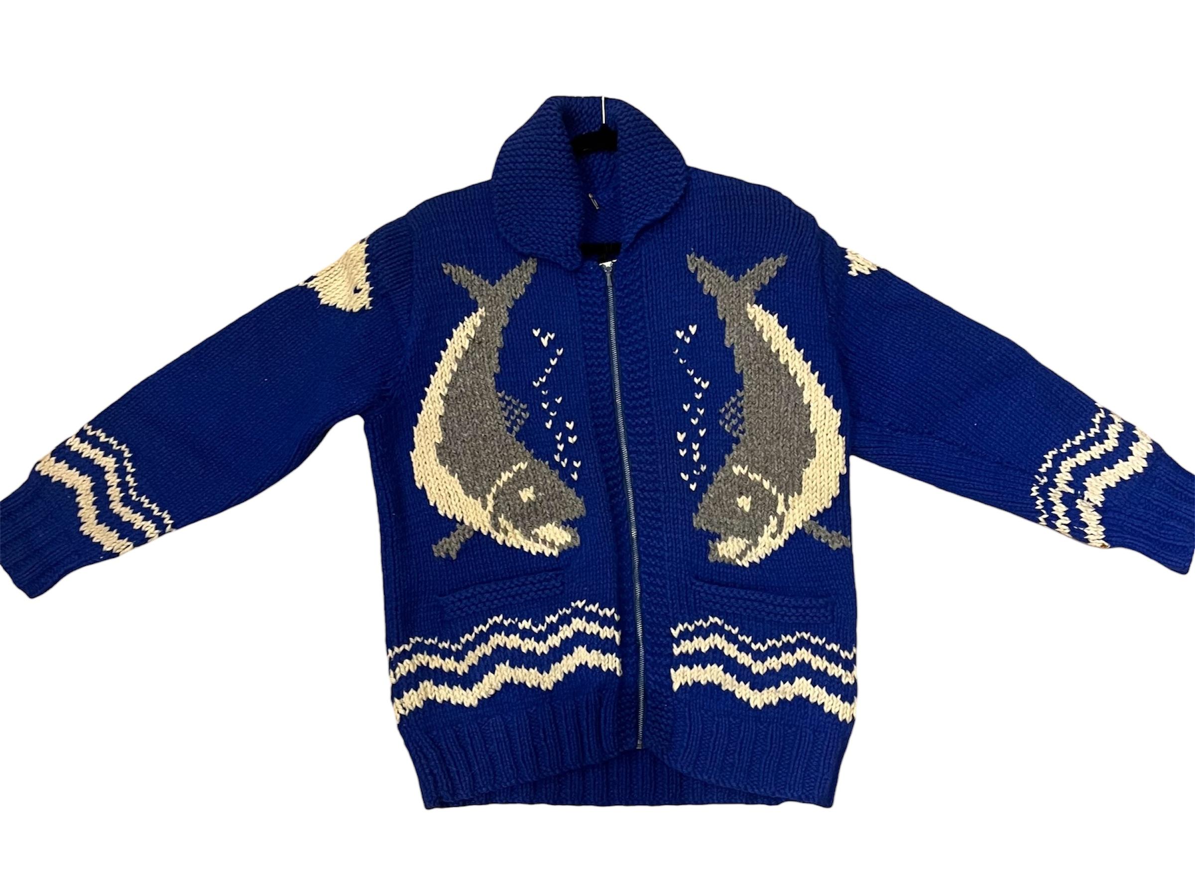 Women's or Men's 1950s Blue Wool Blend Knit Whale Zipper Front Sweater For Sale
