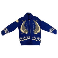 1950s Blue Wool Blend Knit Whale Zipper Front Sweater