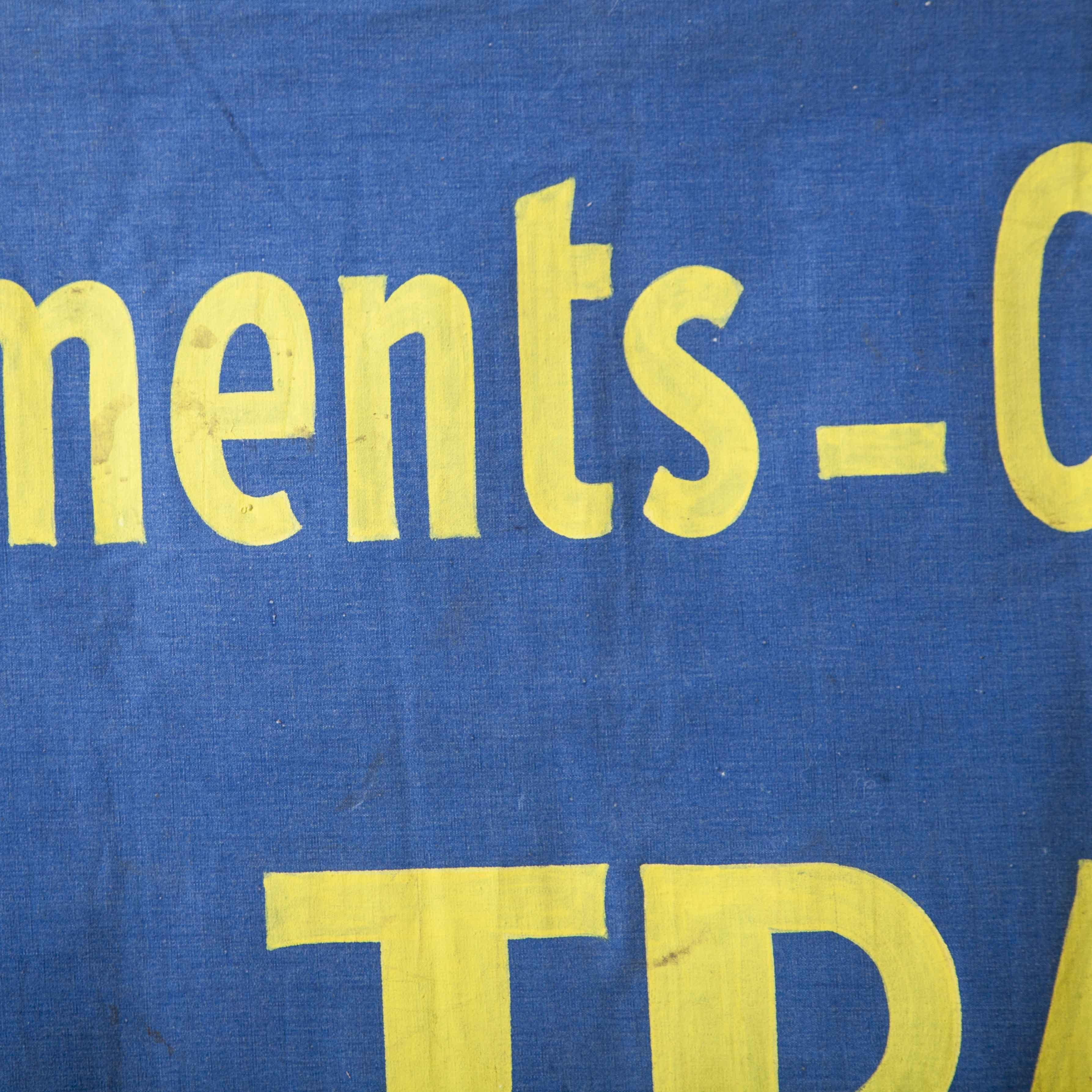 1950's Blue & Yellow Canvas Advertising Banner, L'Ascenseur In Good Condition For Sale In Hook, Hampshire
