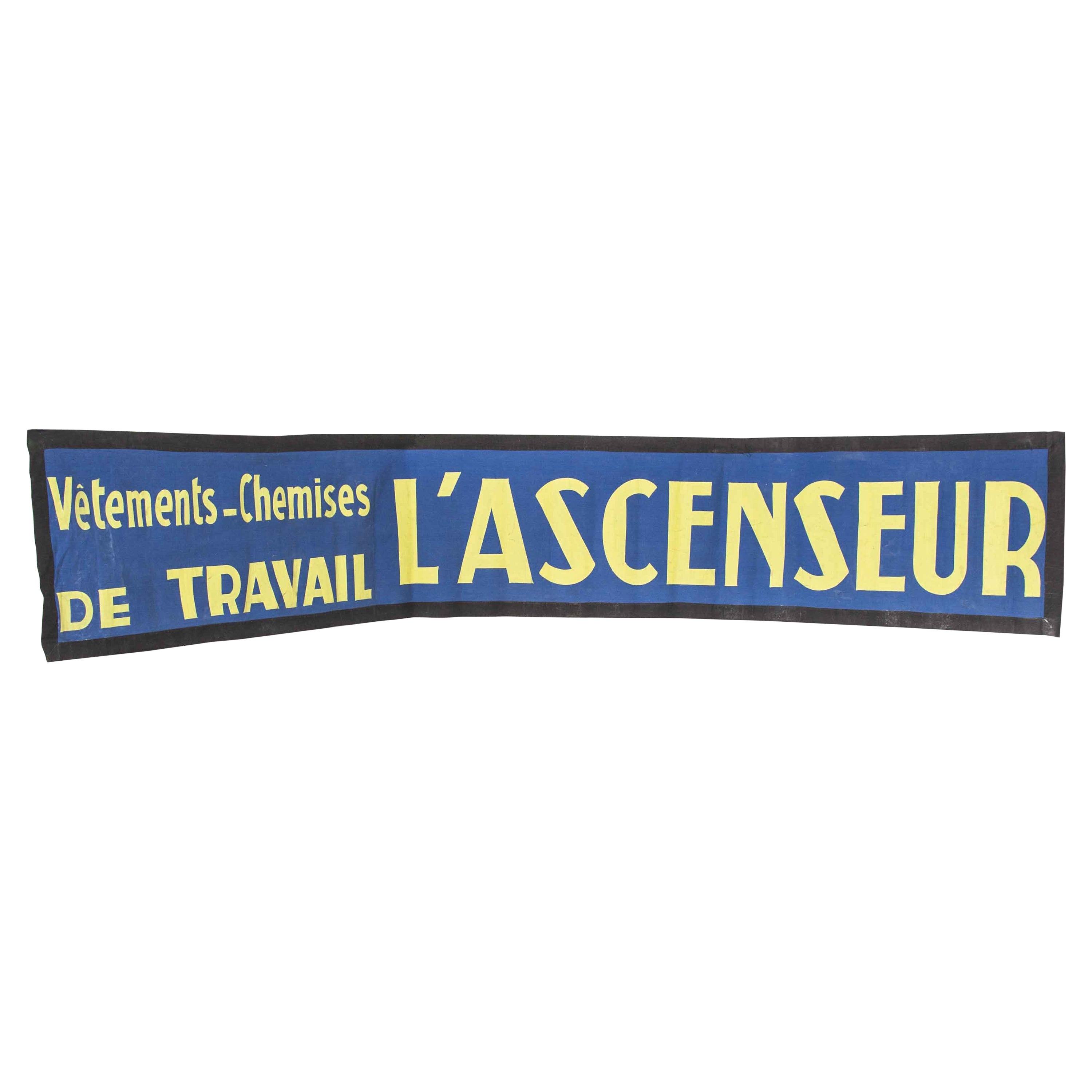 Striscione pubblicitario su tela blu e gialla degli anni '50, L'Ascenseur