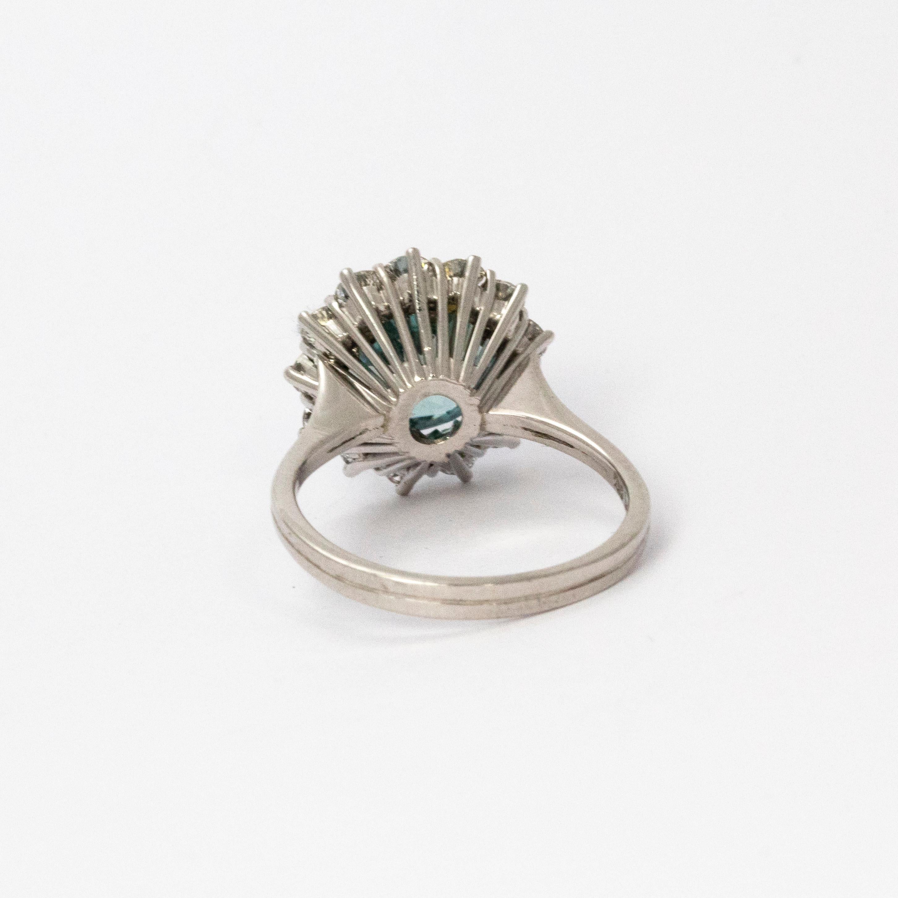 1950s Blue Zircon and Diamond Cluster 18 Carat White Gold Cocktail Ring In Excellent Condition In Chipping Campden, GB