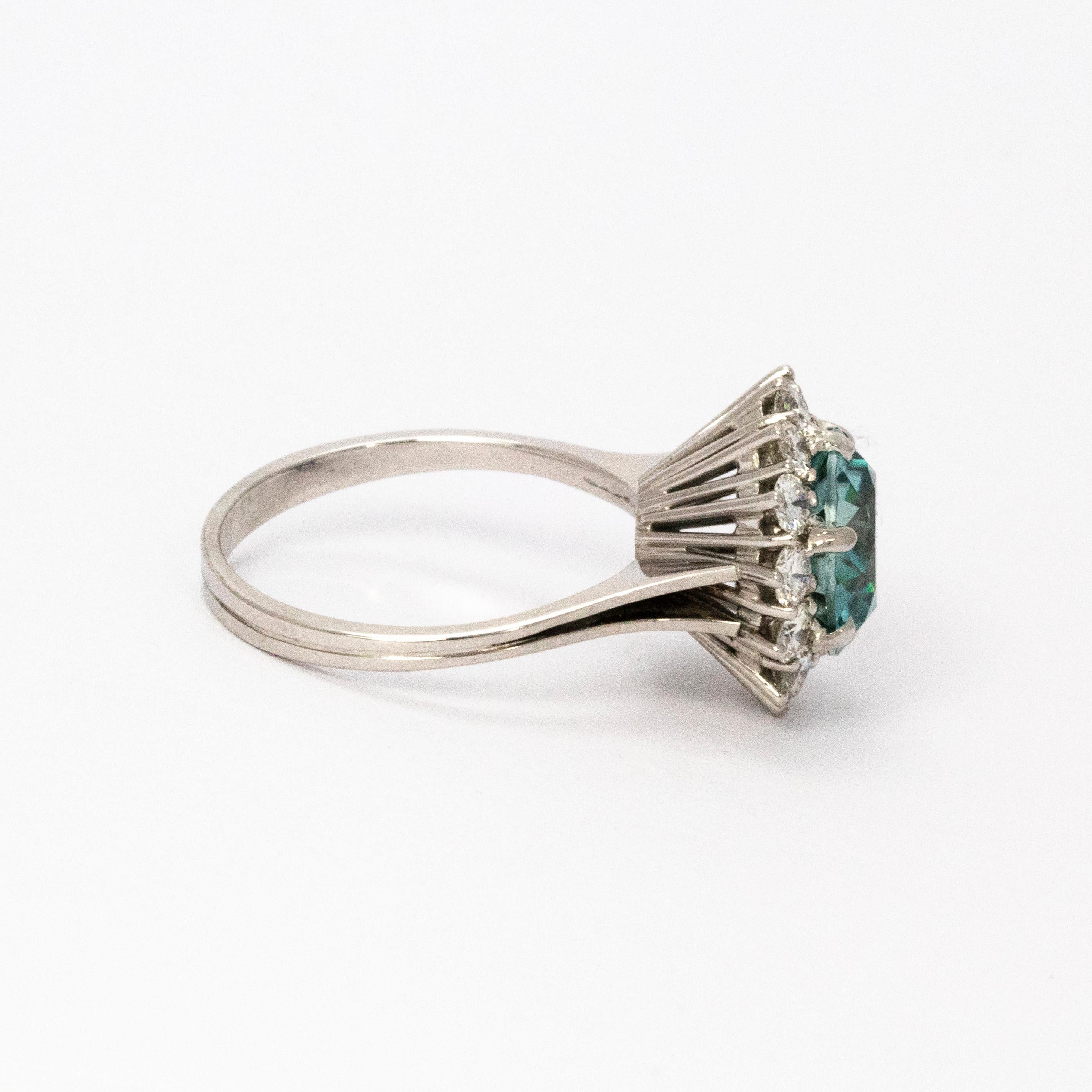 Women's or Men's 1950s Blue Zircon and Diamond Cluster 18 Carat White Gold Cocktail Ring