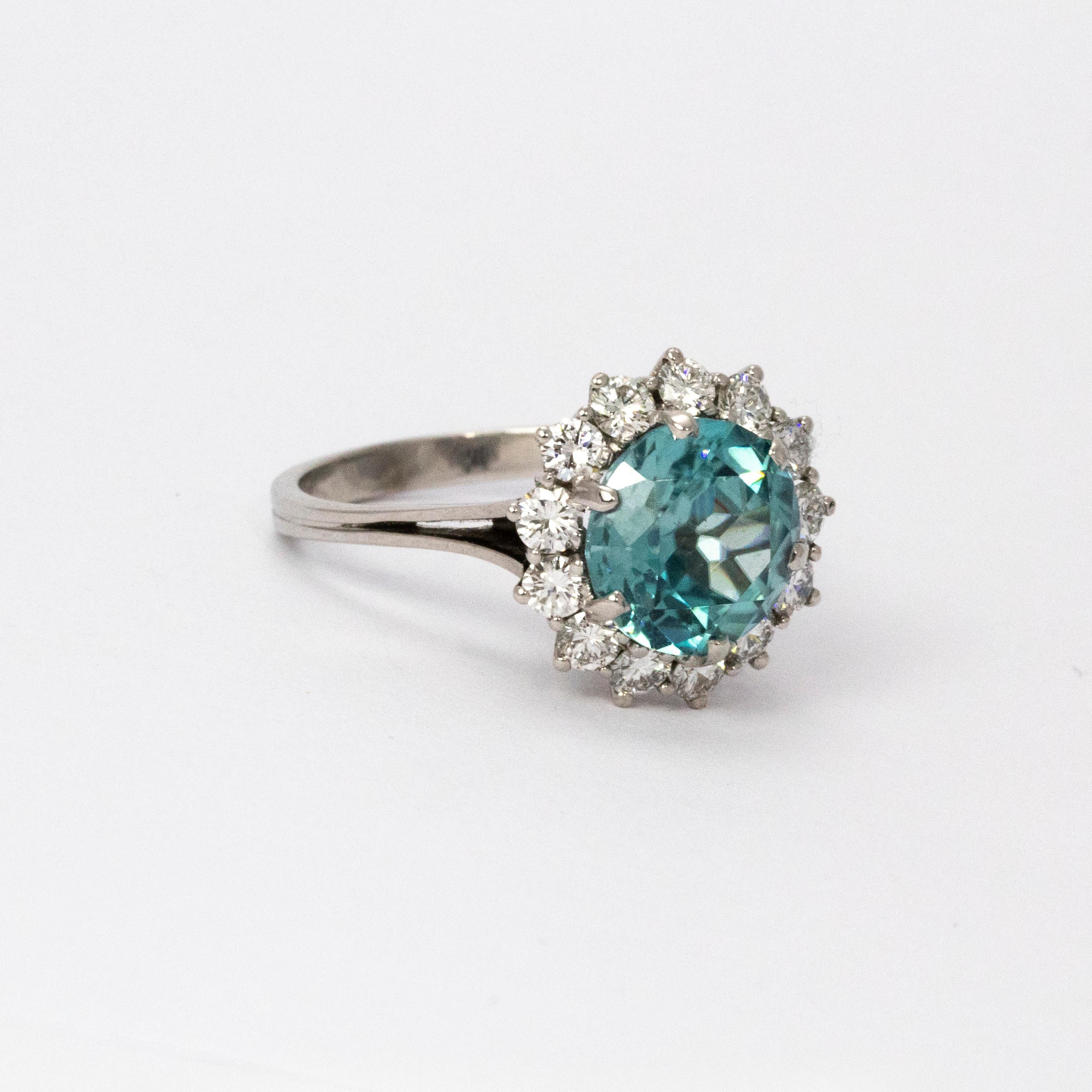 1950s Blue Zircon and Diamond Cluster 18 Carat White Gold Cocktail Ring 1