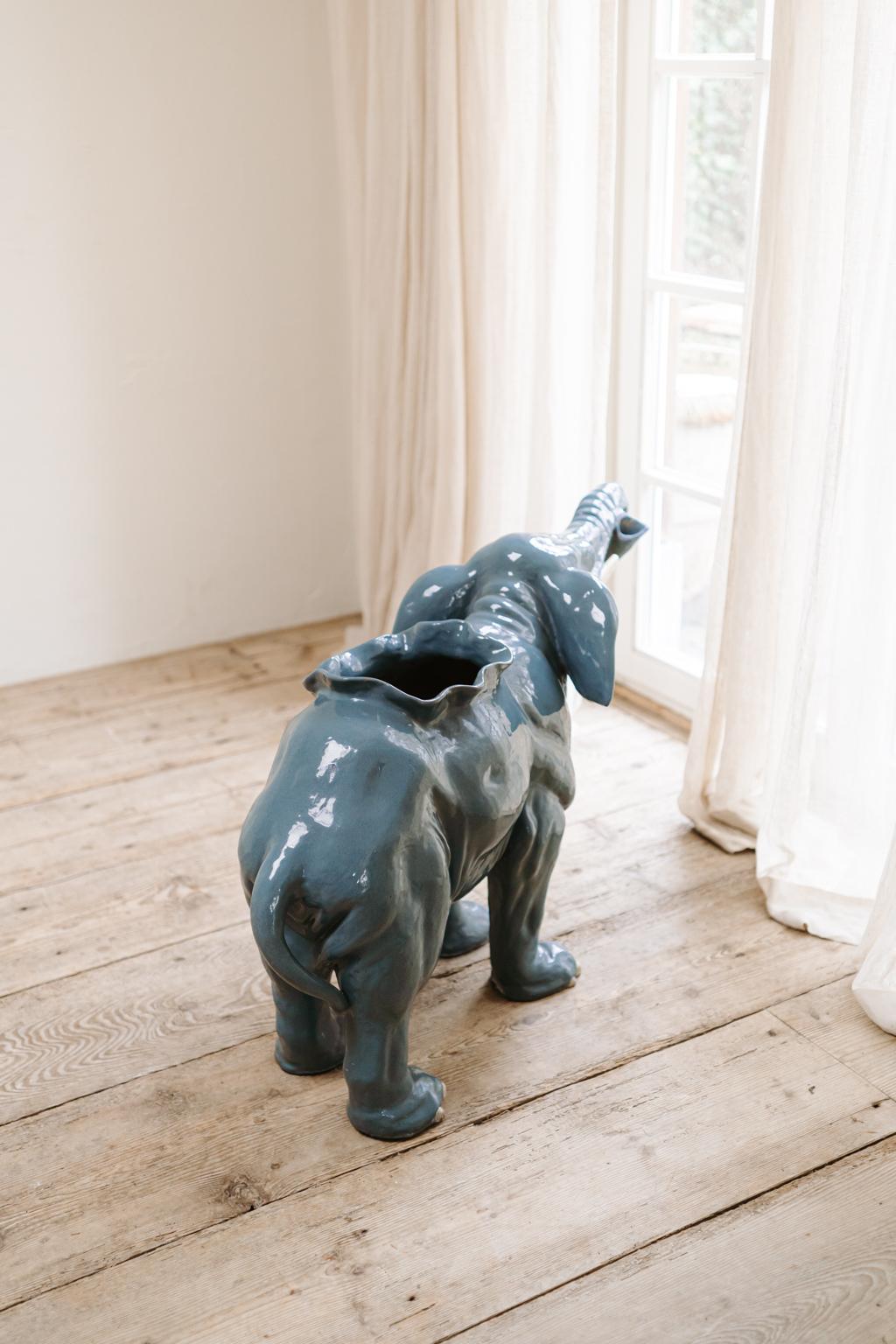 1950s Blue Glazed Ceramic Elephant Planter 8