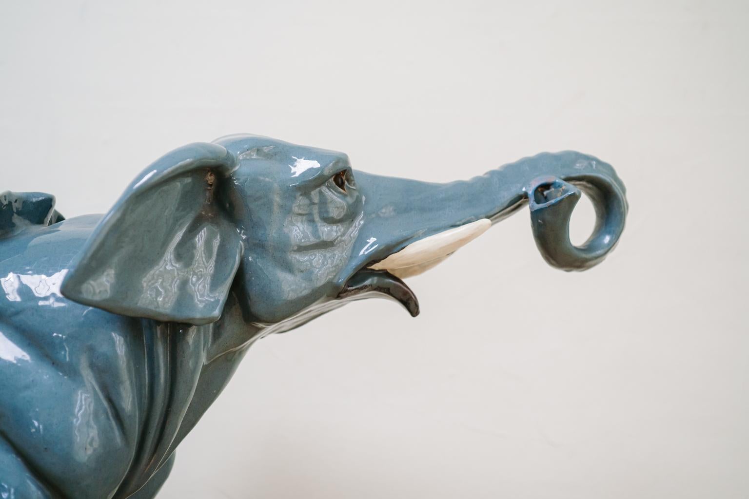 French 1950s Blue Glazed Ceramic Elephant Planter