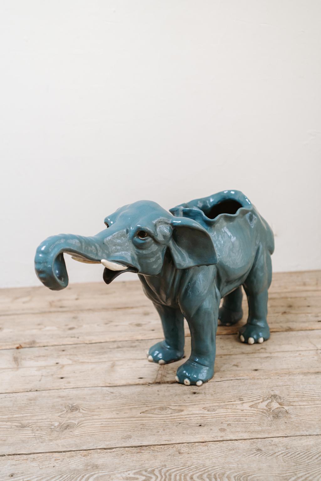 1950s Blue Glazed Ceramic Elephant Planter 2
