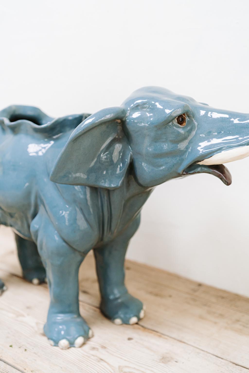 1950s Blue Glazed Ceramic Elephant Planter 3