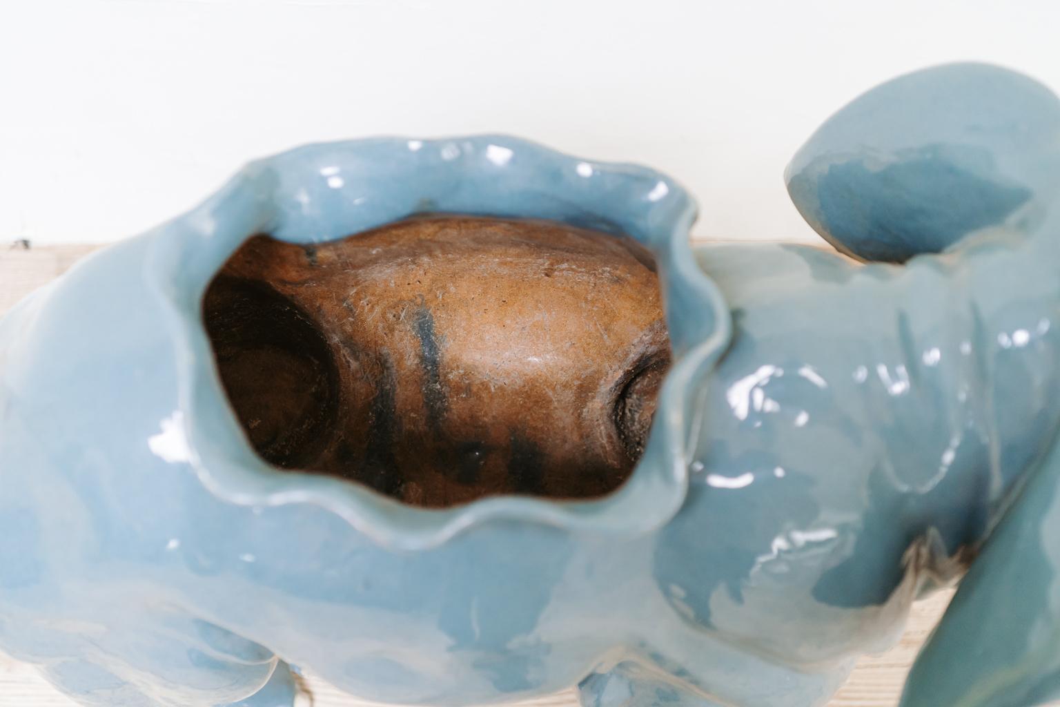 1950s Blue Glazed Ceramic Elephant Planter 4