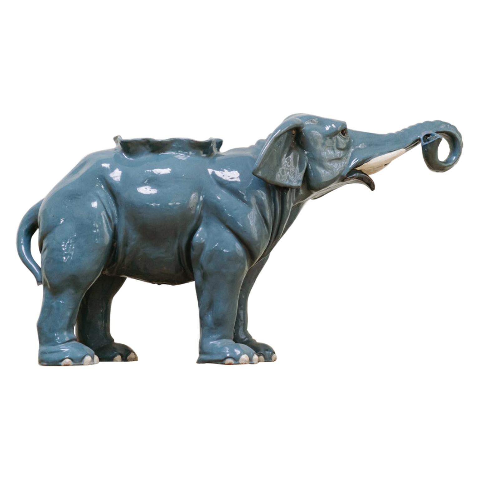 1950s Blue Glazed Ceramic Elephant Planter
