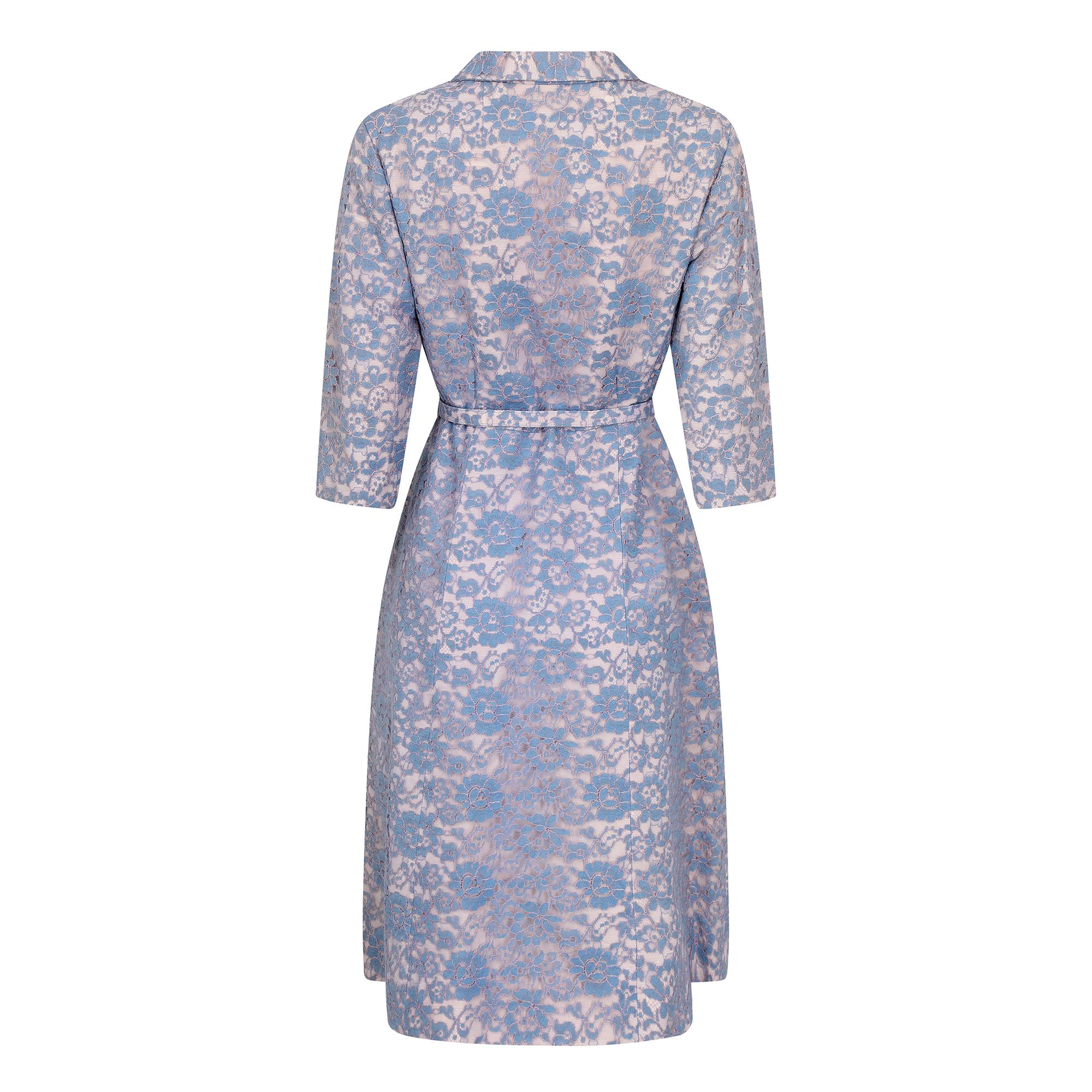 Gray 1950s Blush & Blue Lace Belted Shirt Waister Dress For Sale