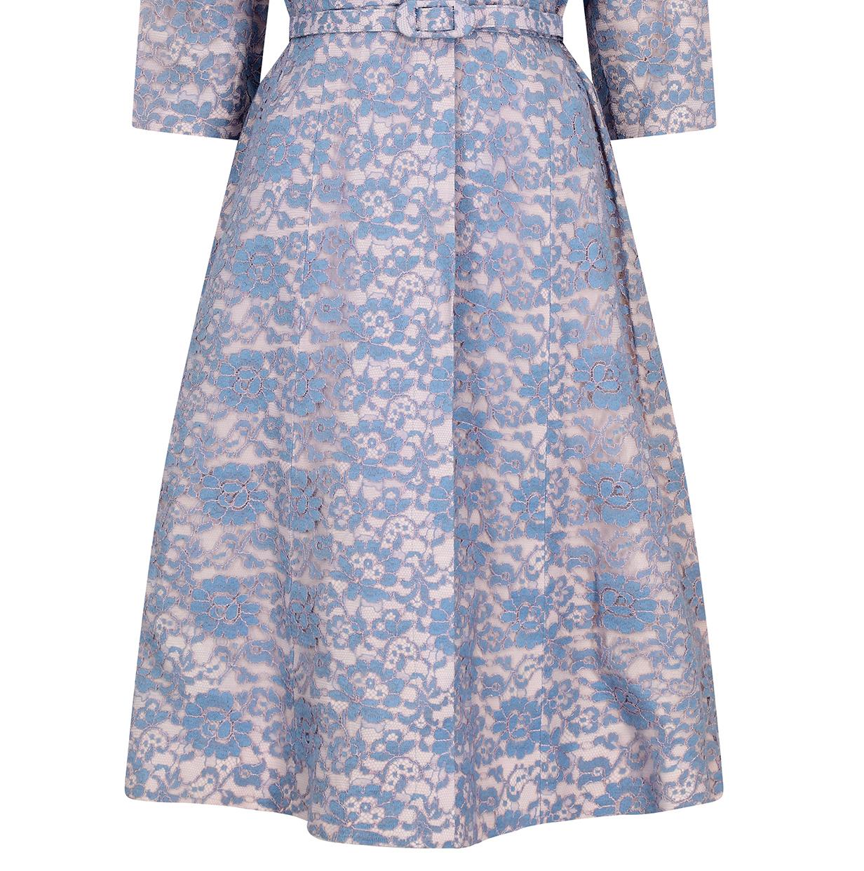 Women's 1950s Blush & Blue Lace Belted Shirt Waister Dress For Sale