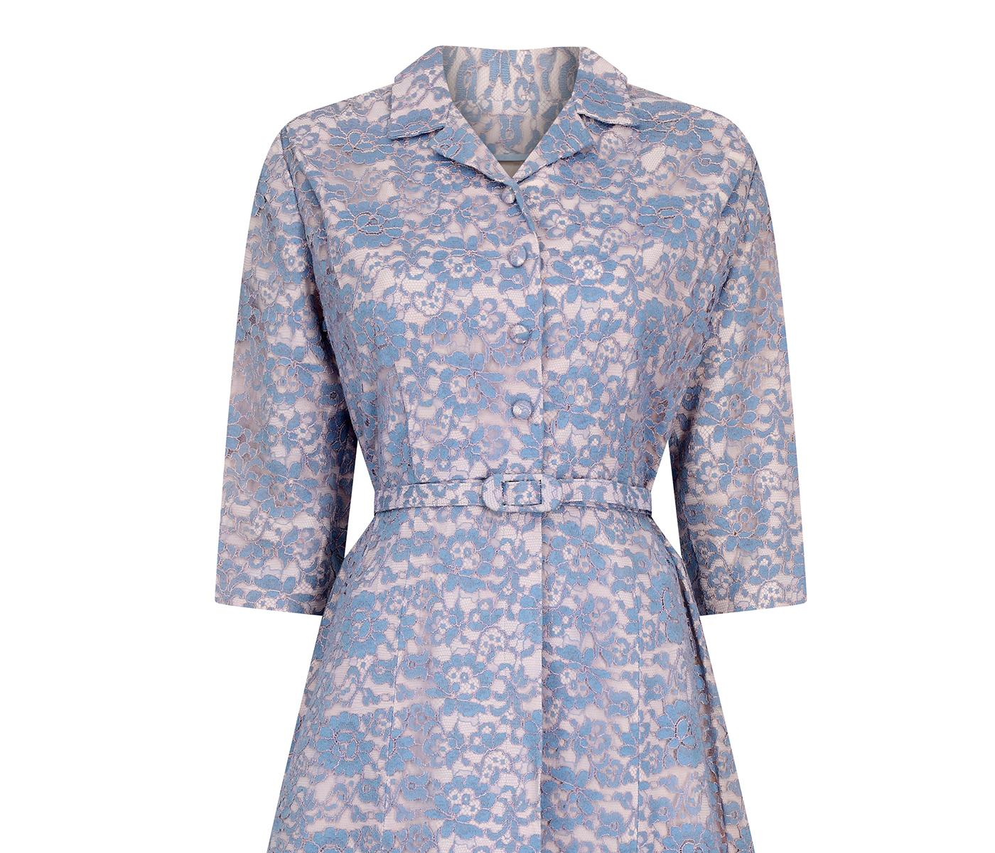 1950s Blush & Blue Lace Belted Shirt Waister Dress For Sale 1
