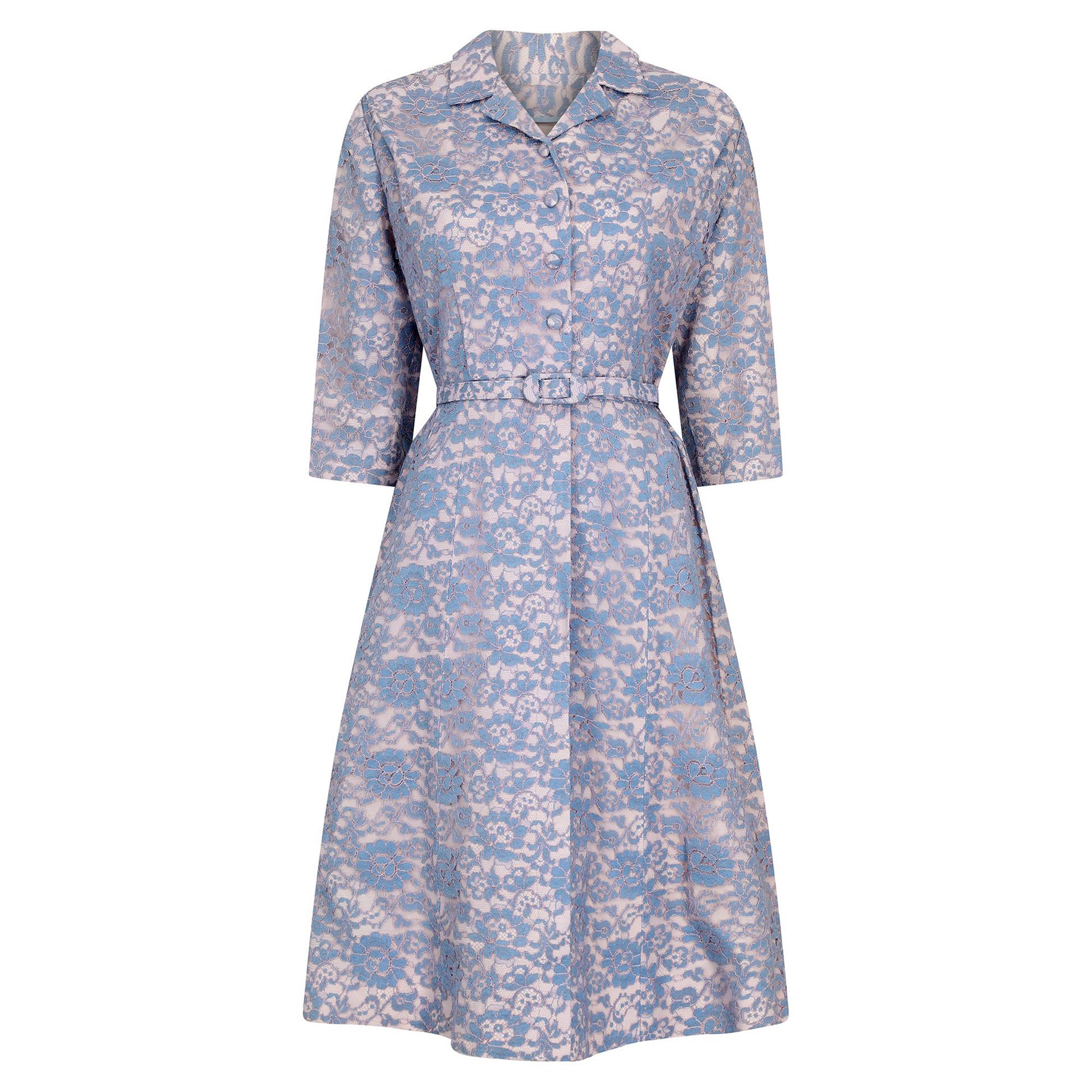 1950s Blush & Blue Lace Belted Shirt Waister Dress For Sale