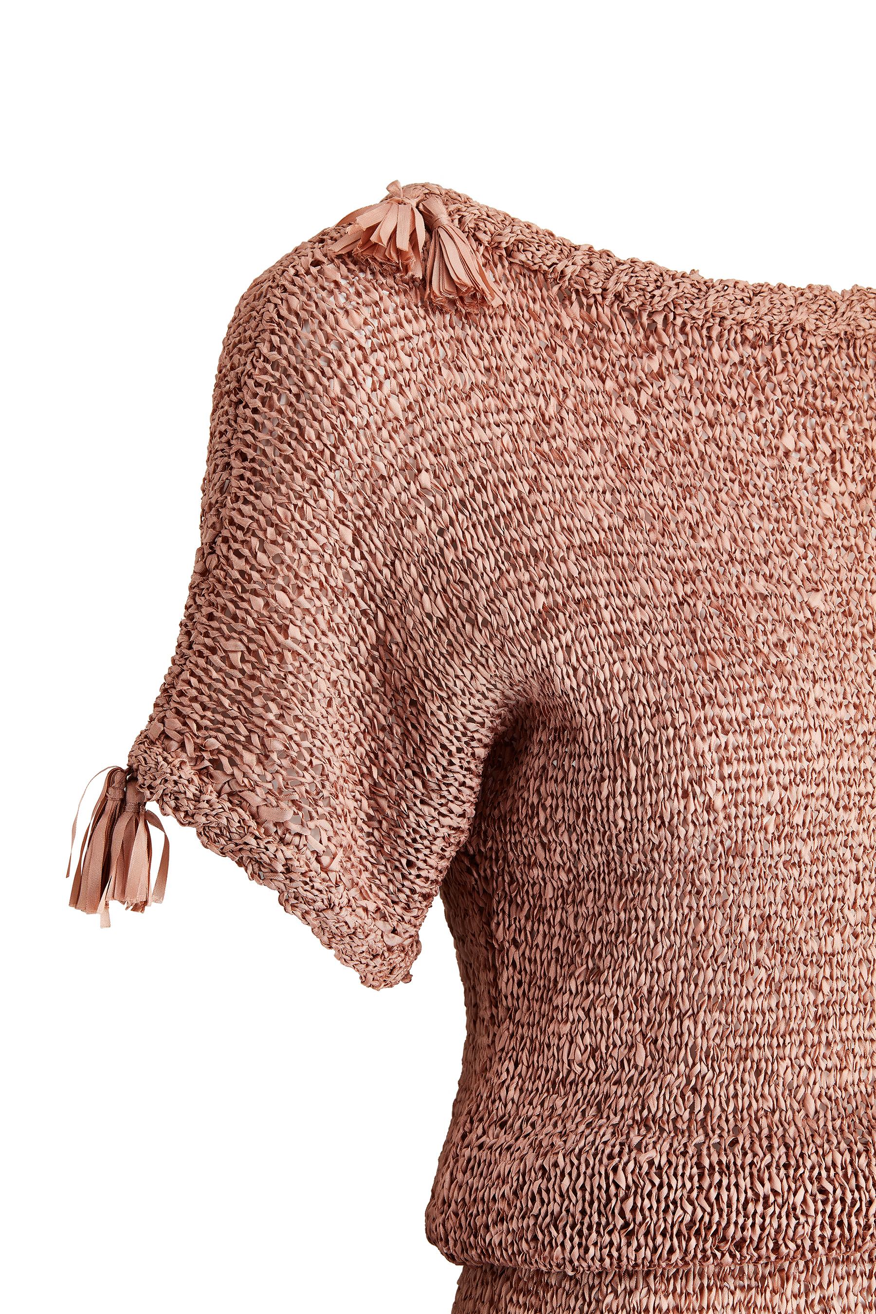 Brown 1950s Blush Pink Ribbon Work Dress For Sale