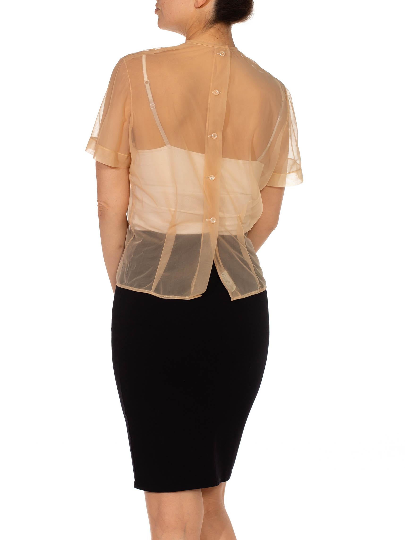 Women's 1950S Blush Pink Sheer Nylon Top With Latticework Pin-Tucking