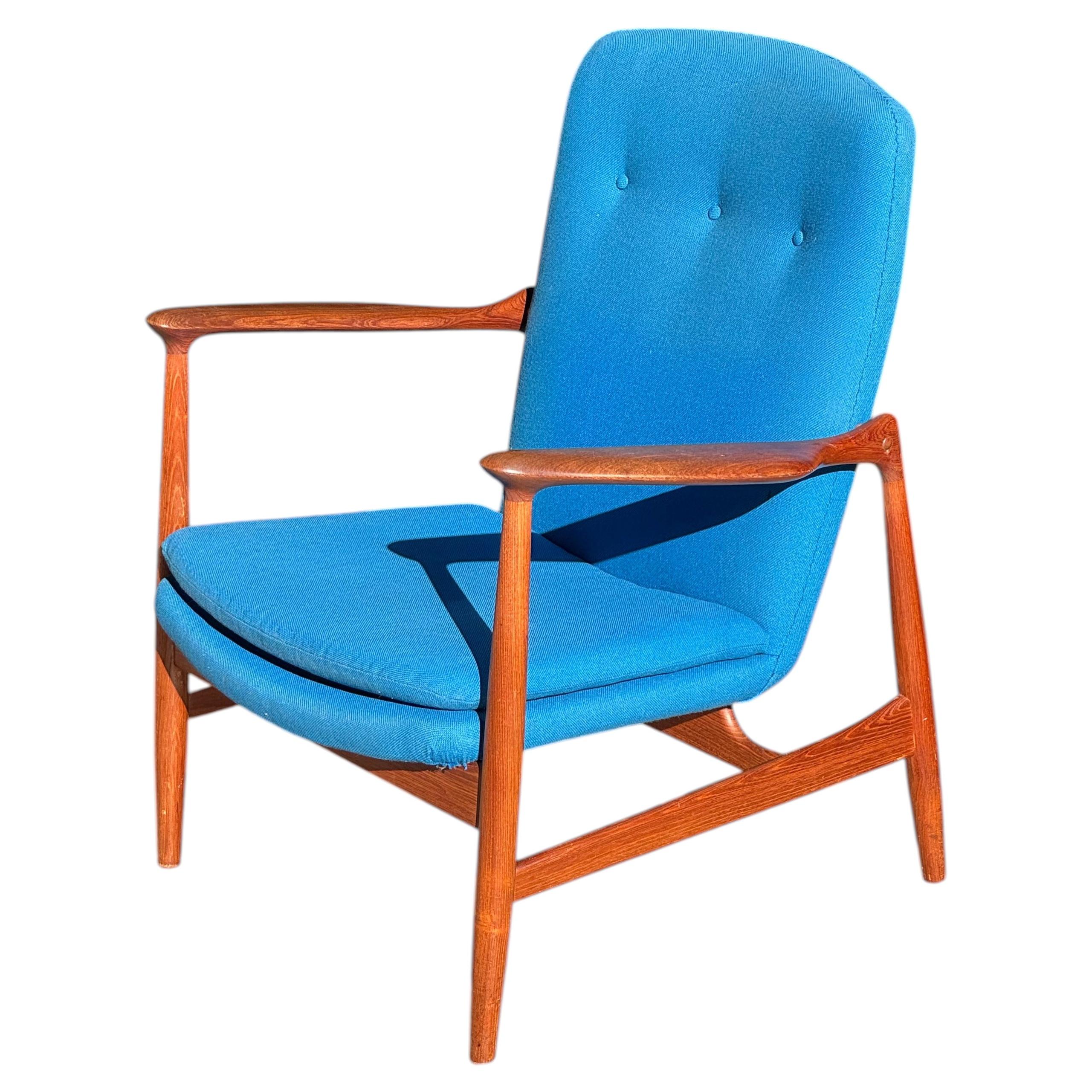 1950er BO95 Stuhl von Finn Juhl für Bovirke aus Teakholz und blauer Wolle