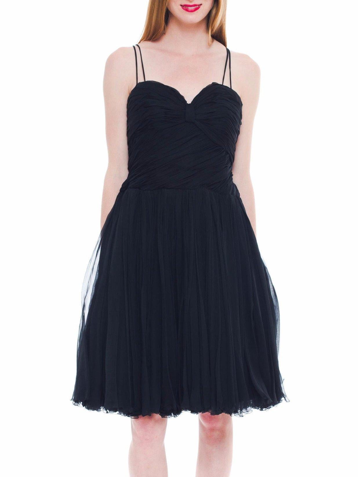 1950S BOB BUGNAND Black Silk Chiffon Draped Bodice & Swing Skirt Cocktail Dress In Excellent Condition For Sale In New York, NY