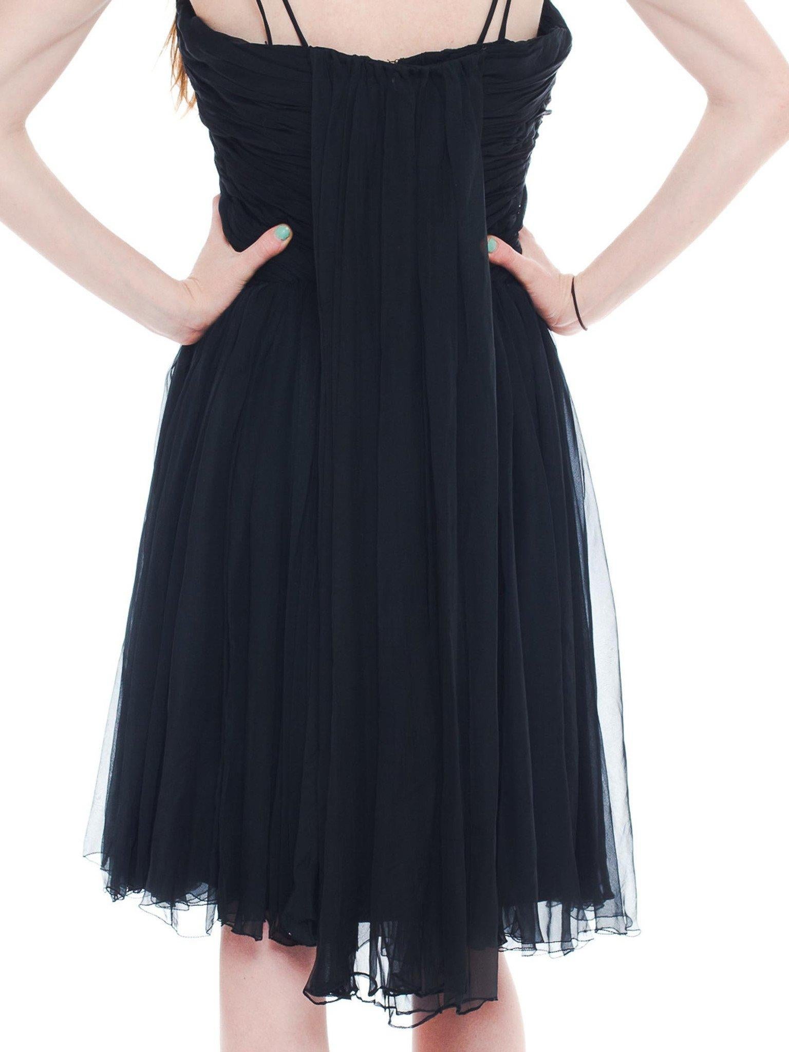 1950S BOB BUGNAND Black Silk Chiffon Draped Bodice & Swing Skirt Cocktail Dress For Sale 3