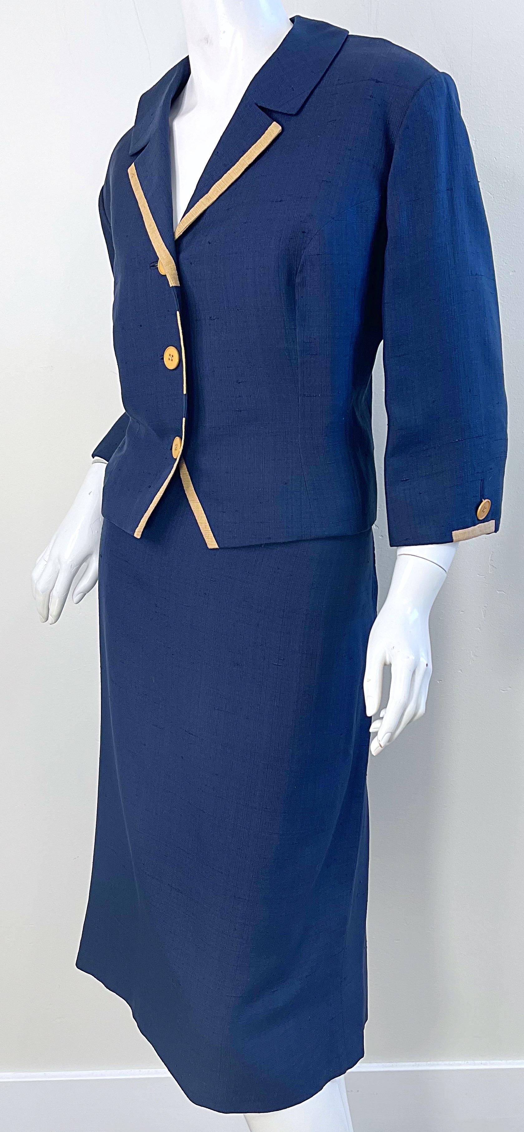 1950s Bob McCreery Neiman Marcus Large Size Navy Blue Silk 50s Skirt Suit  For Sale 1