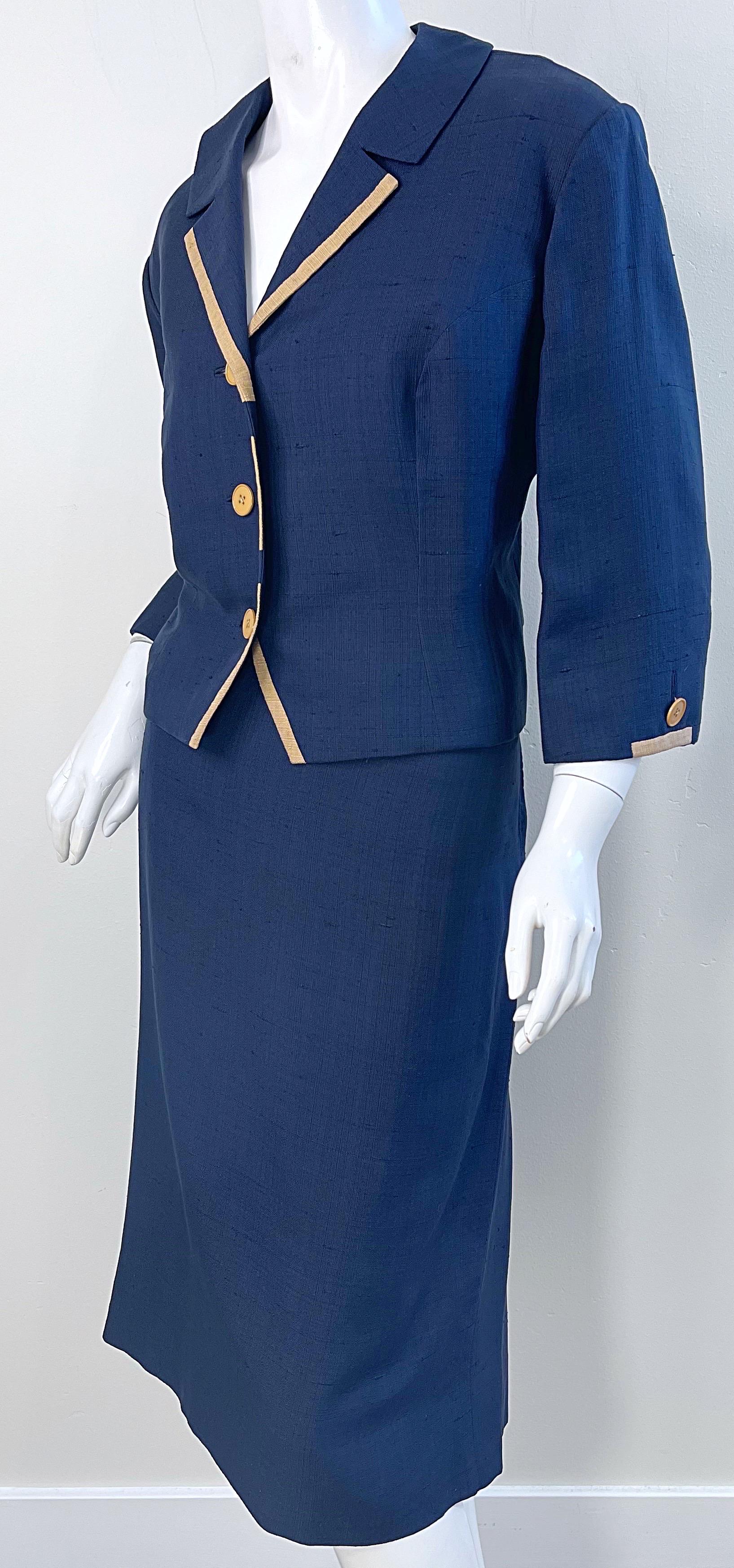 Bob McCreery Neiman Marcus - Tailleur jupe en soie bleu marine des années 1950, grande taille  en vente 1