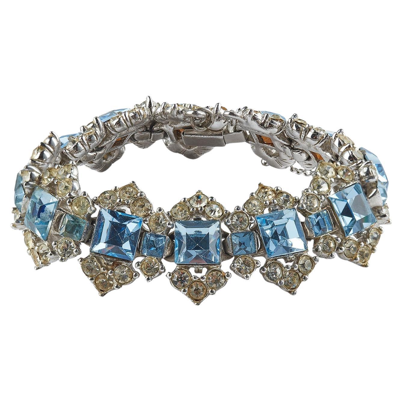 1950s Bogoff Clear and Aquamarine Encrusted Rhinestone Bracelet For Sale