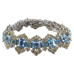 1950s Bogoff Clear and Aquamarine Encrusted Rhinestone Bracelet