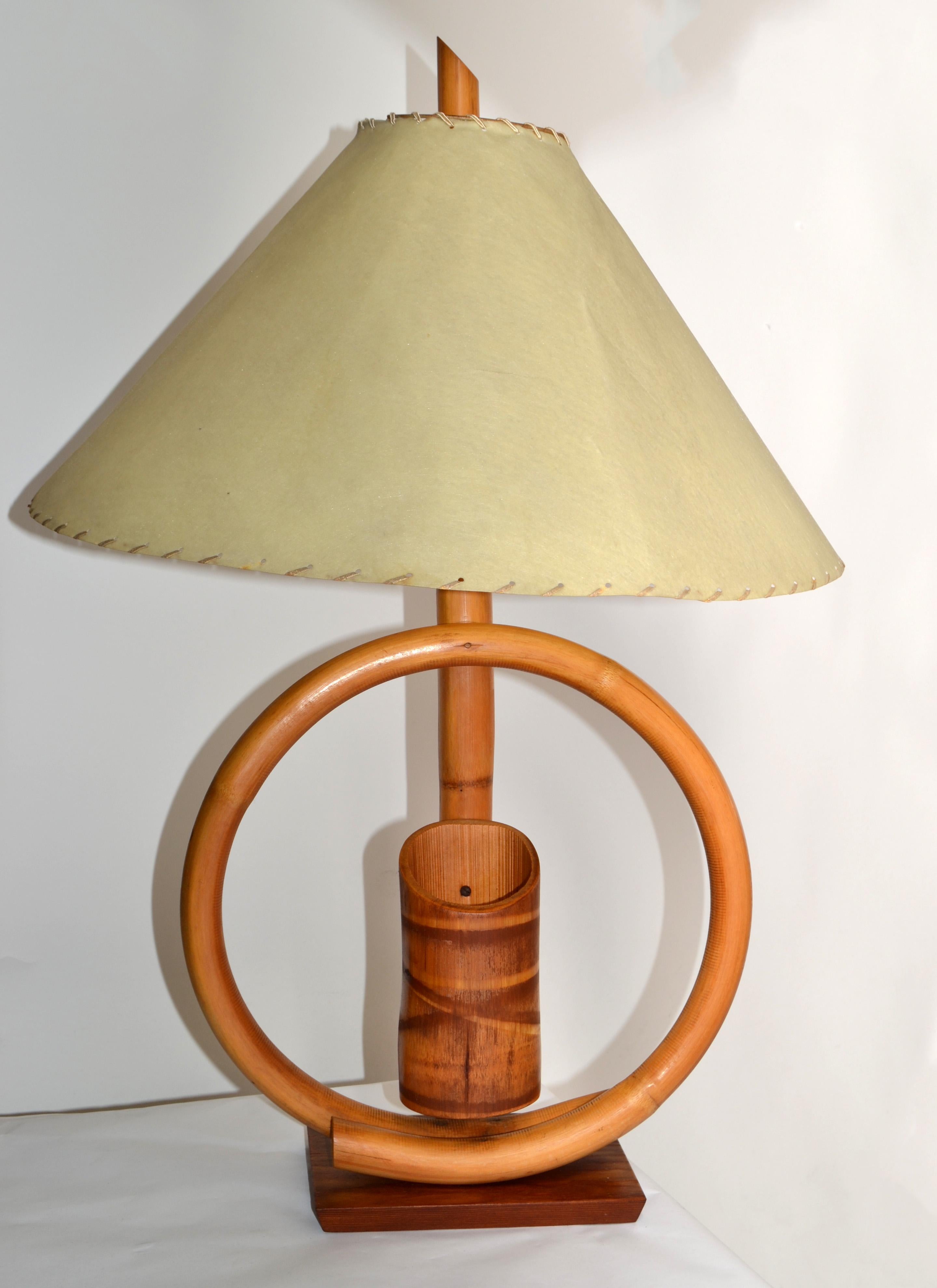 1950s Bohemian Bent Bamboo Table Lamp Original Goatskin Shade For Sale 7