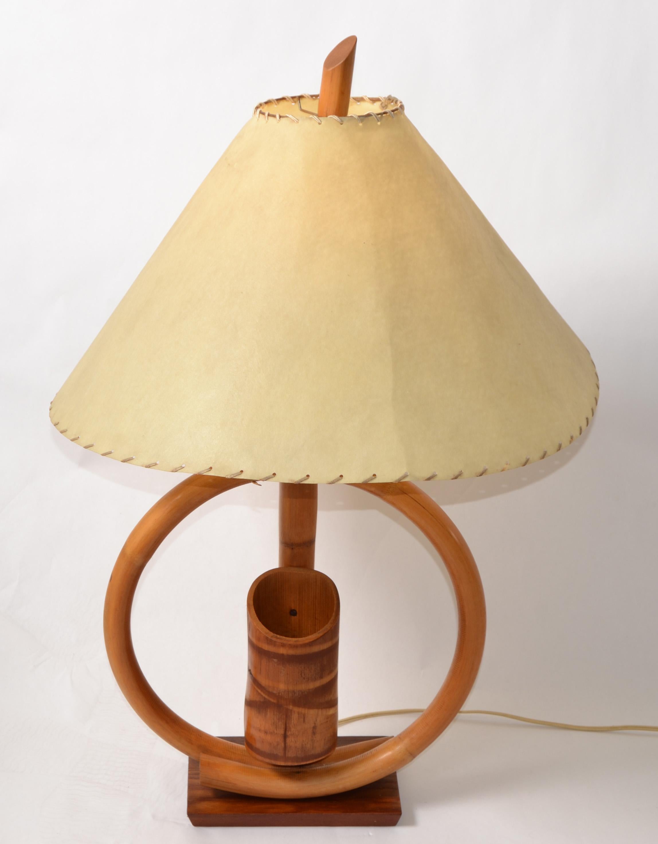 American 1950s Bohemian Bent Bamboo Table Lamp Original Goatskin Shade For Sale
