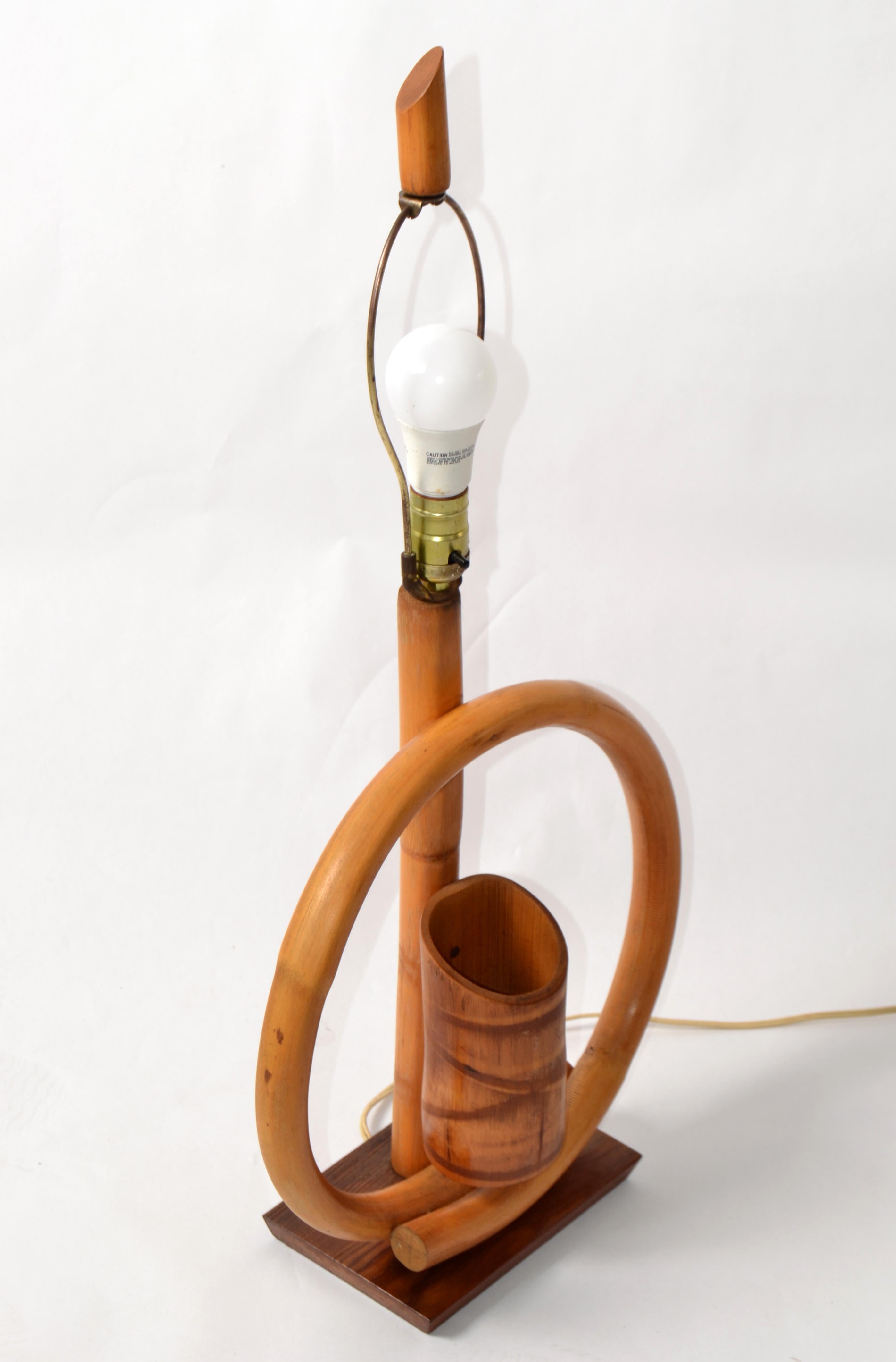 Hand-Crafted 1950s Bohemian Bent Bamboo Table Lamp Original Goatskin Shade For Sale