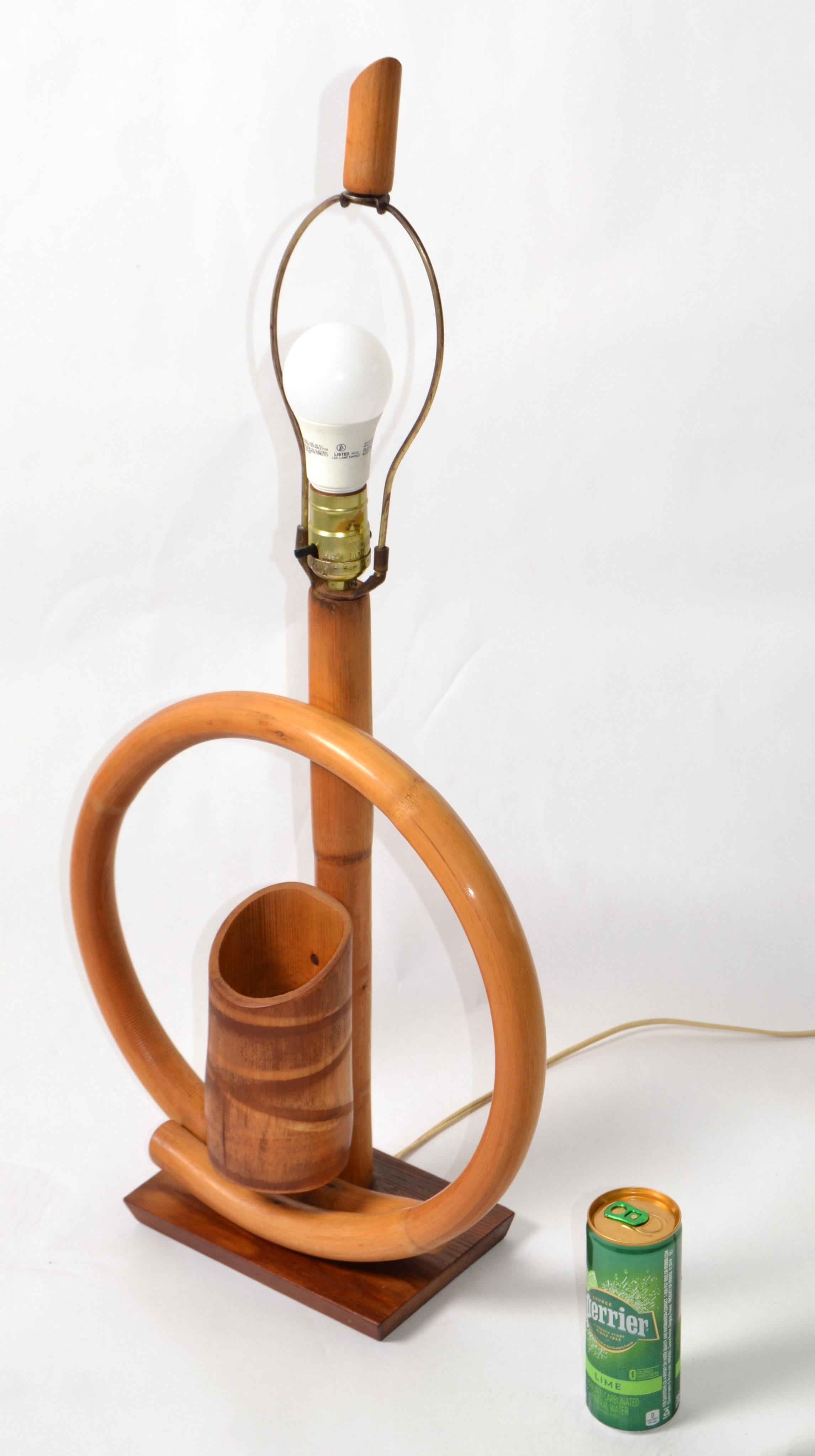 20th Century 1950s Bohemian Bent Bamboo Table Lamp Original Goatskin Shade For Sale