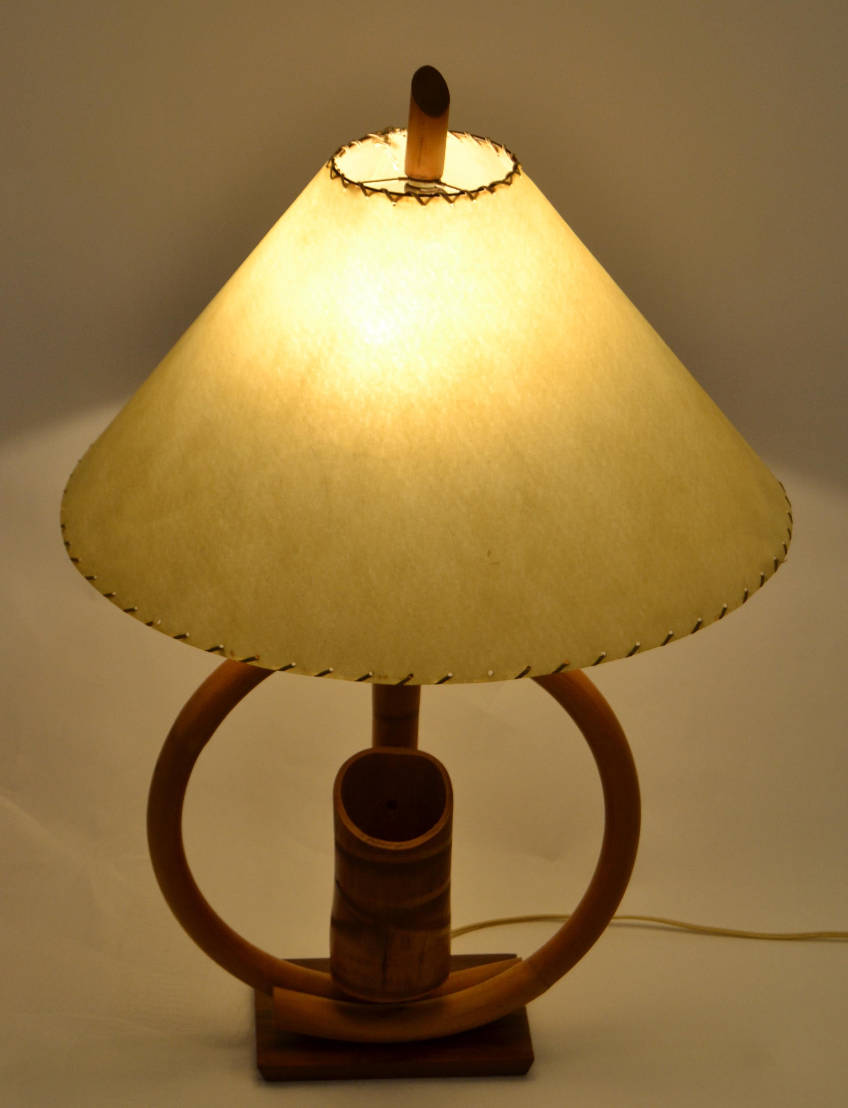 Brass 1950s Bohemian Bent Bamboo Table Lamp Original Goatskin Shade For Sale
