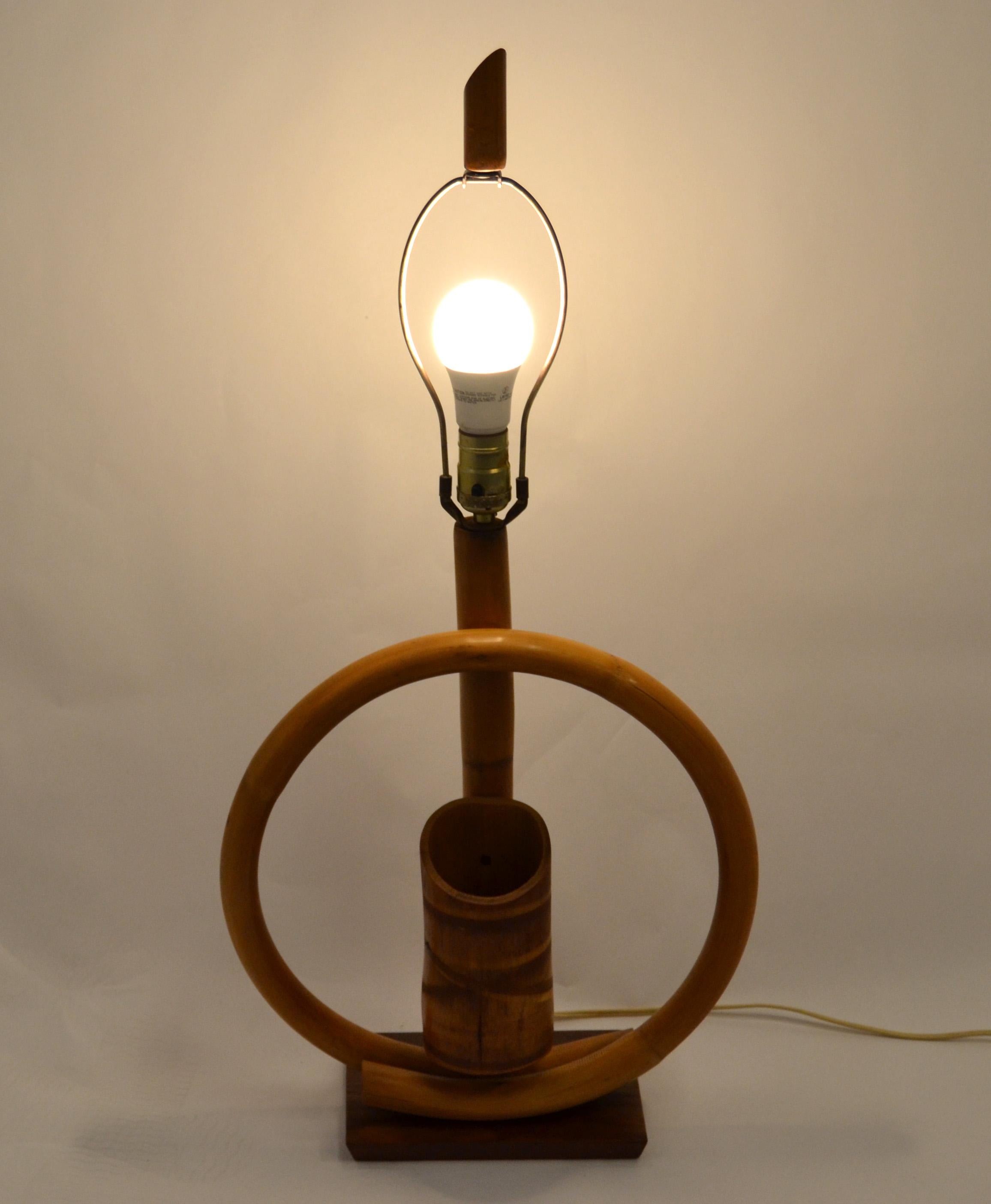 1950s Bohemian Bent Bamboo Table Lamp Original Goatskin Shade For Sale 1