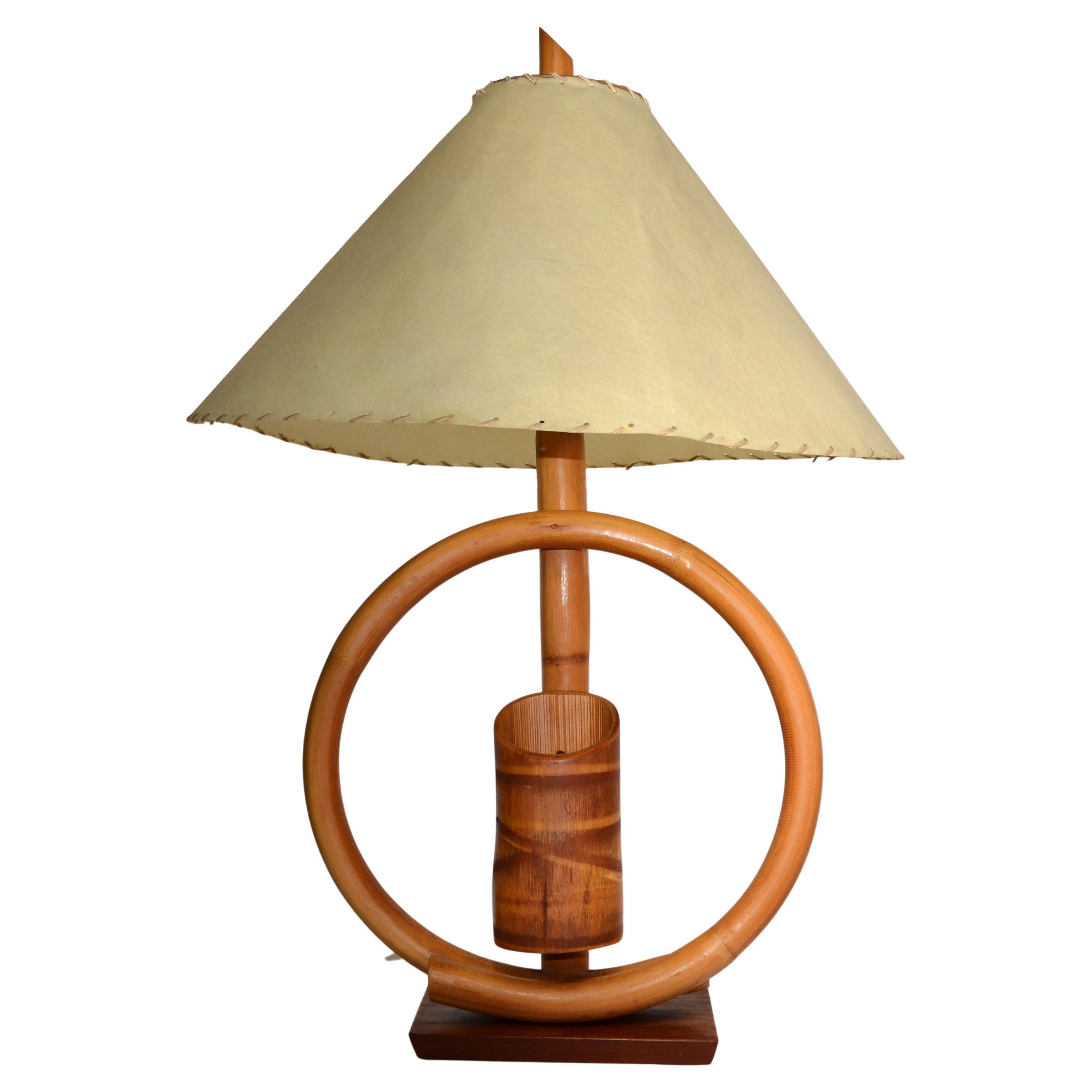 1950s Bohemian Bent Bamboo Table Lamp Original Goatskin Shade