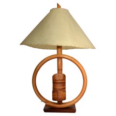 Böhmische Tischlampe aus gebogenem Bambus, Original-Schirm aus Ziegenleder, 1950er Jahre