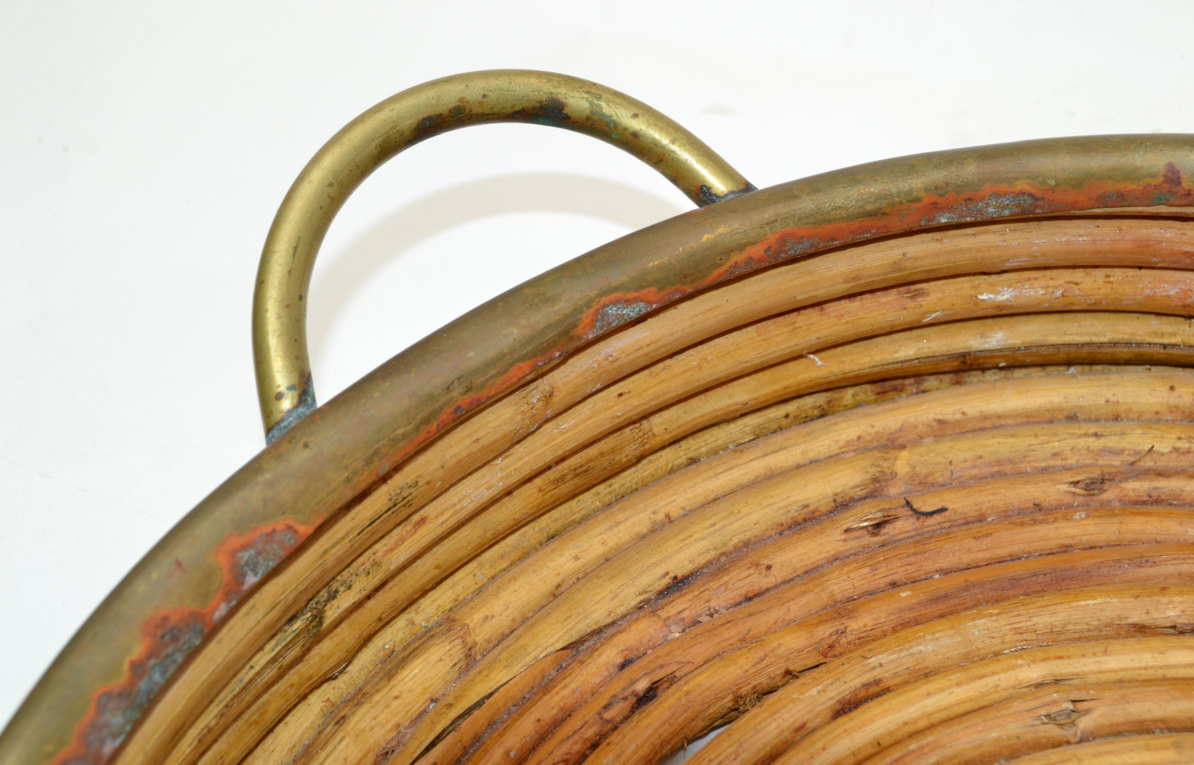 1950s Bohemian Handcrafted Round Bamboo Wood & Brass Serving Tray Handles 4