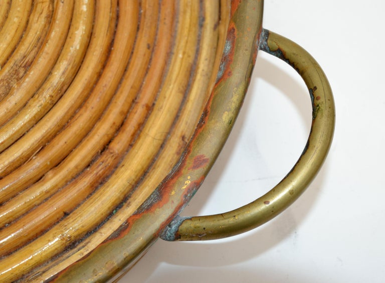 1950s Bohemian Handcrafted Round Bamboo Wood & Brass Serving Tray Handles For Sale 5