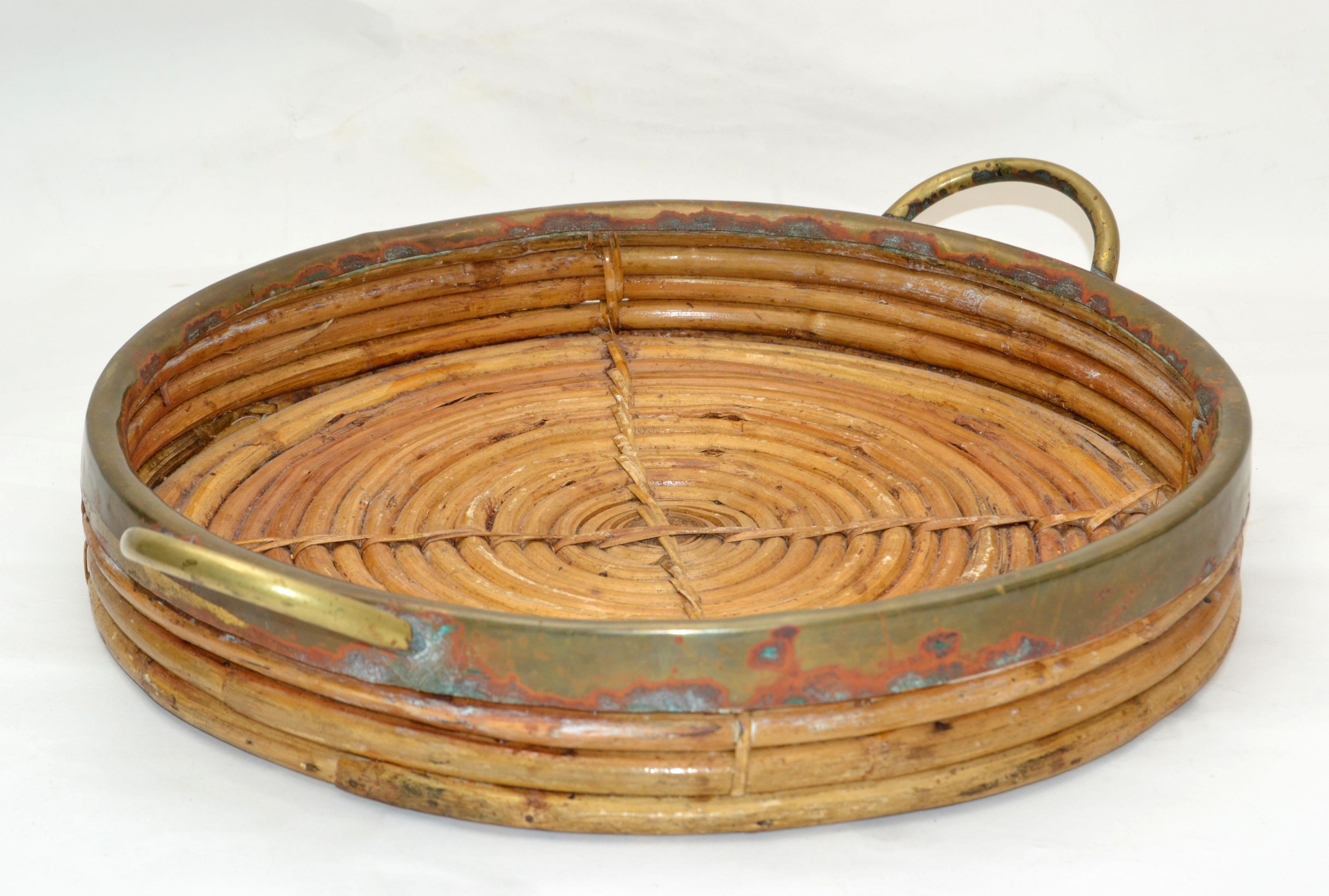 1950s Bohemian Handcrafted Round Bamboo Wood & Brass Serving Tray Handles 6