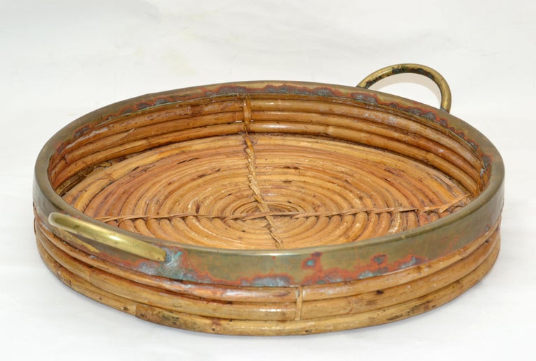 1950s Bohemian Handcrafted Round Bamboo Wood & Brass Serving Tray Handles For Sale 6