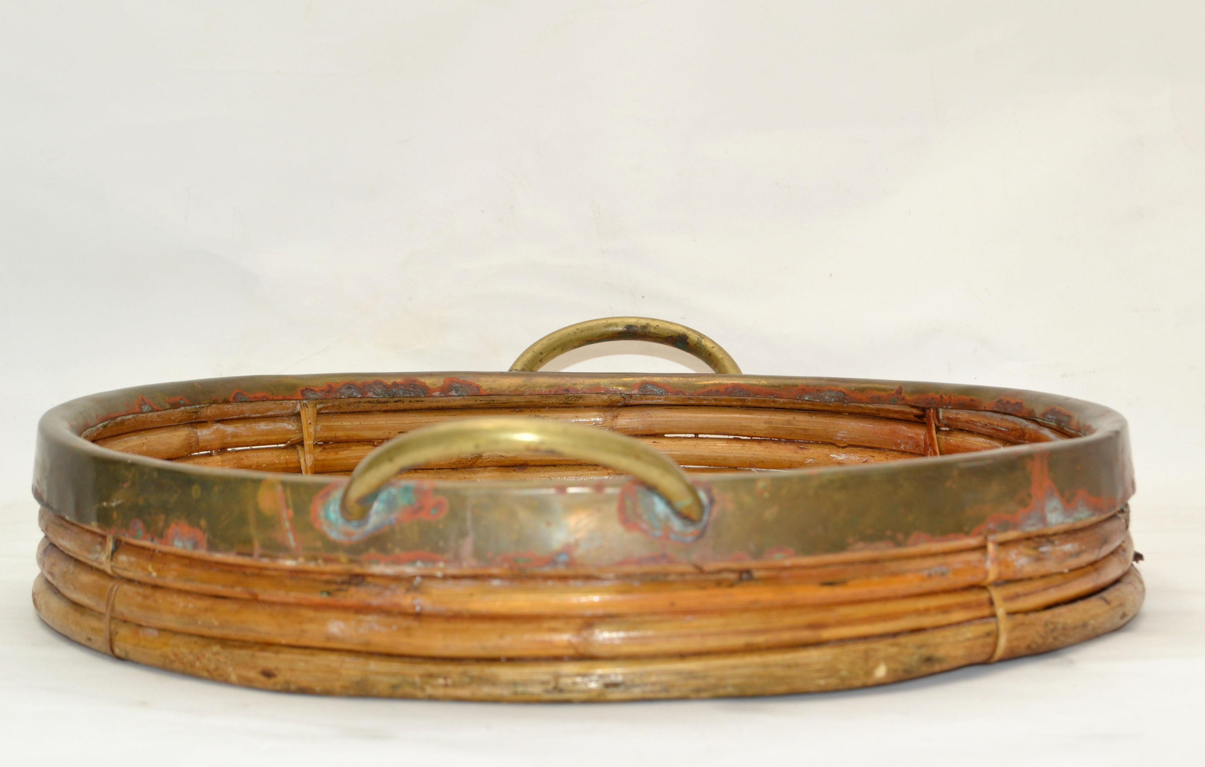 1950s Bohemian Handcrafted Round Bamboo Wood & Brass Serving Tray Handles 7